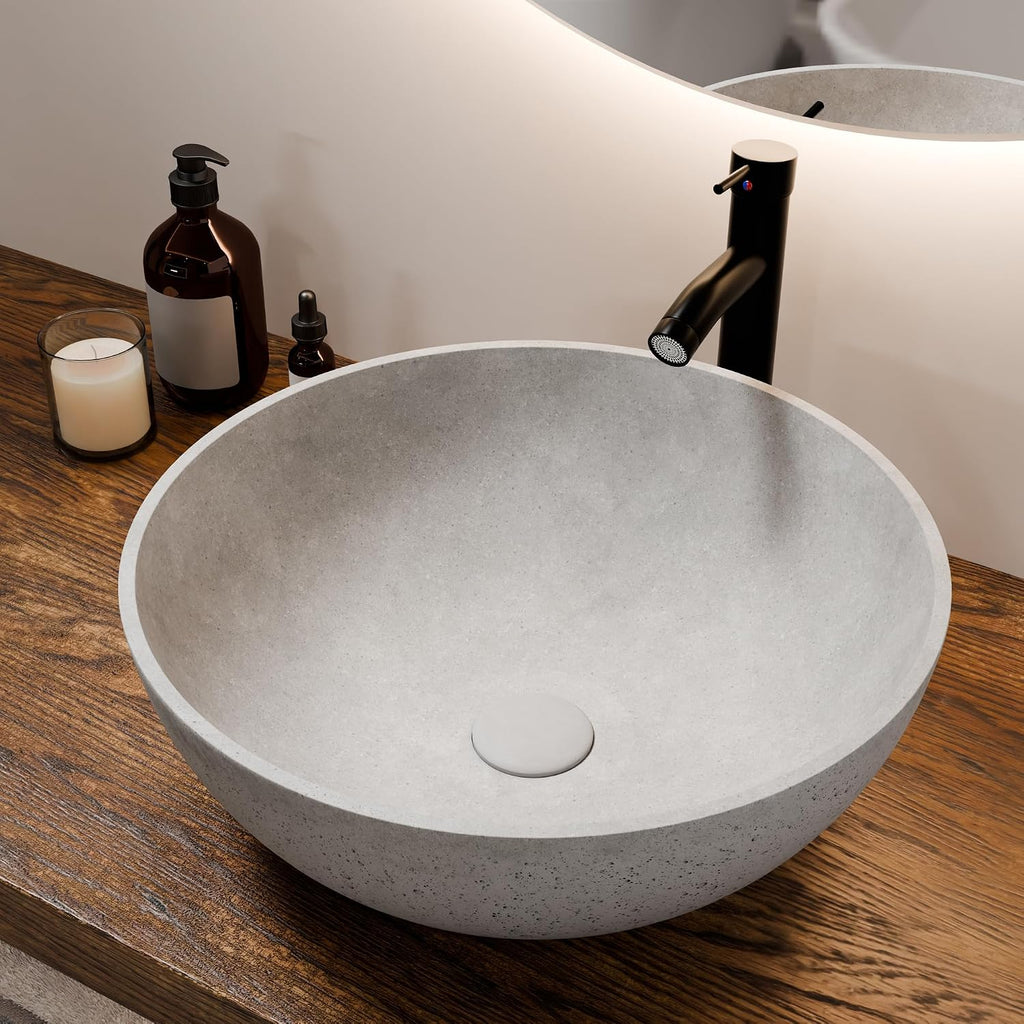 Design Vessel Sink Concrete Bathroom Sink above Counter Small Vessel Sink Bathroom Sink Bowl Countertop Modern Sinks with Faucet and Drain Combo 15.7" Round Gray