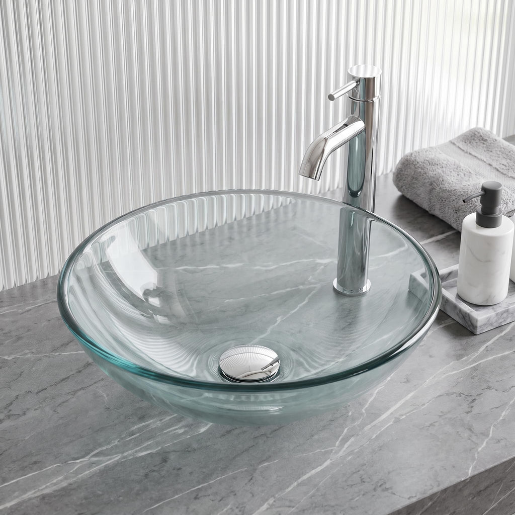 Vigo Vessel Sink Copper - 17â Artistic Round Bowl Sink for Bathrooms, Tempered Glass Above Counter Bathroom Sink with NonStickShield, QuickDrain & TempGuard, Modern Luxury Design