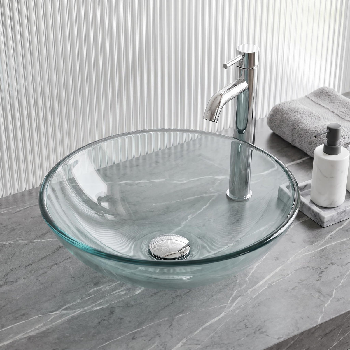 Vigo Vessel Sink Copper - 17â Artistic Round Bowl Sink for Bathrooms, Tempered Glass Above Counter Bathroom Sink with NonStickShield, QuickDrain & TempGuard, Modern Luxury Design
