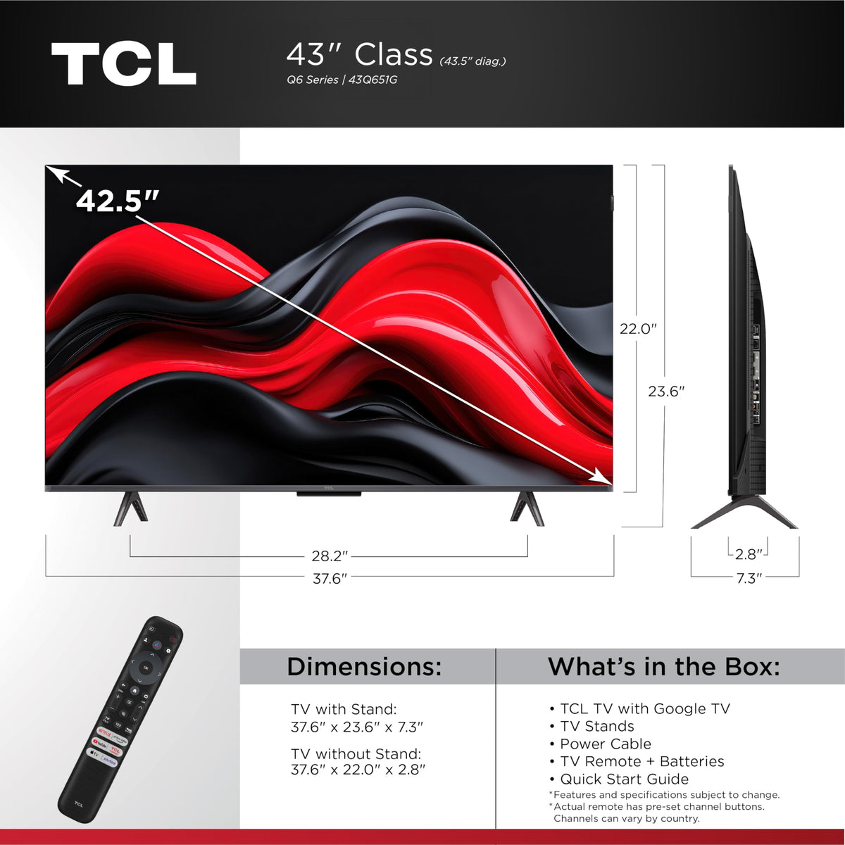 TCL 98-Inch Q65 QLED 4K UHD Smart TV with Google TV (98Q651G, 2024 Model) Dolby Vision, Dolby Atmos, HDR Pro+, Game Accelerator Enhanced Gaming, Voice Remote, Works with Alexa, Streaming Television