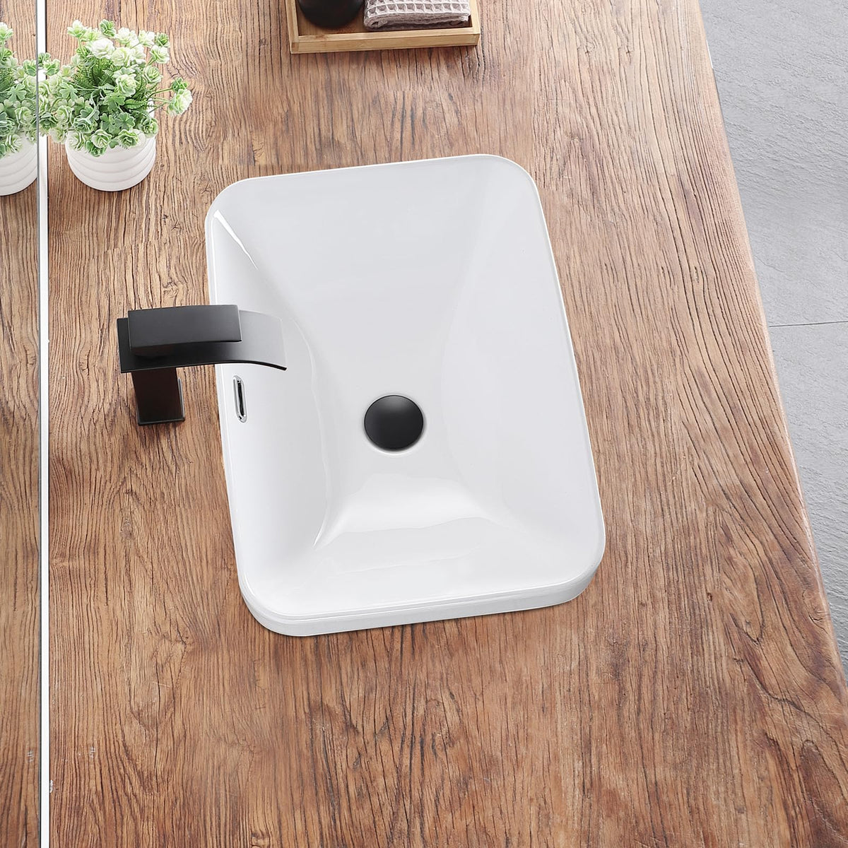 Bathroom Vessel Sink 16.7" X 12.6" Semi Recessed Bathroom Sink Rectangular Drop In Bathroom Sinks with Overflow White Ceramic Vessel Sinks for Bathroom Modern Above Counter Basin Vanity Sink