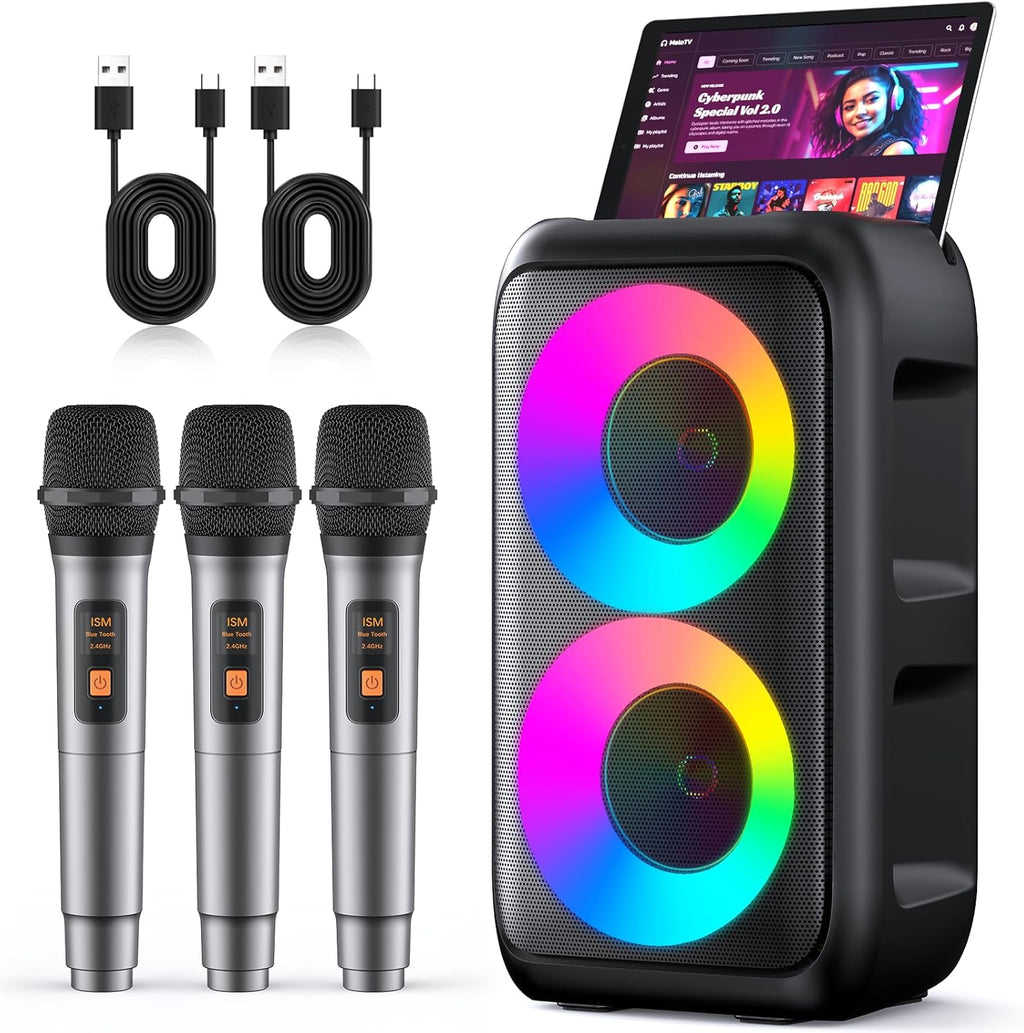 Karaoke Machine for Adults Kids, Portable Bluetooth Speaker with 3 Wireless Microphones, TWS Mode & LED Light, 10H Battery PA System, Home Party Outdoor Camping Birthday Gifts (3 Mics)