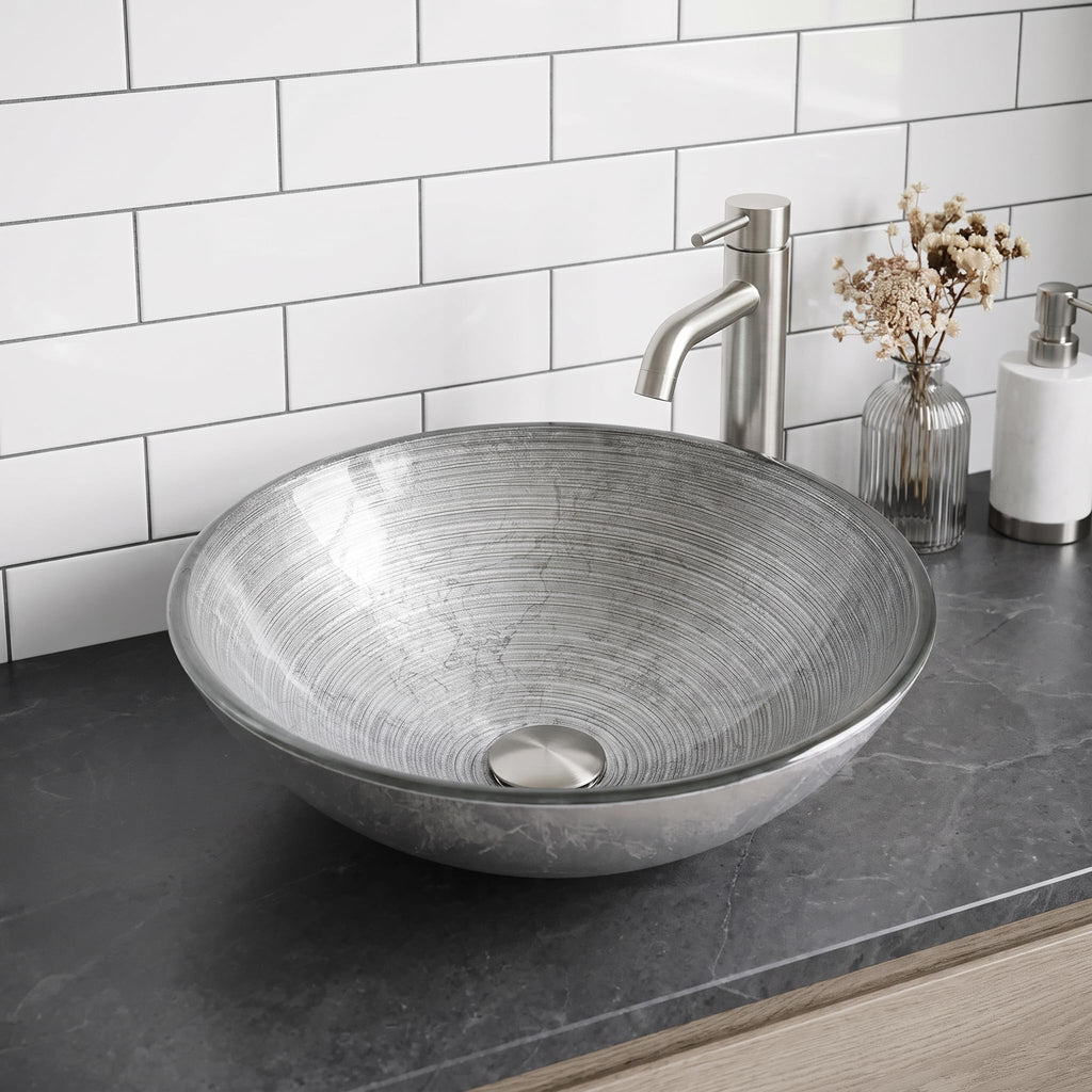 Vigo Vessel Sink Copper - 17â Artistic Round Bowl Sink for Bathrooms, Tempered Glass Above Counter Bathroom Sink with NonStickShield, QuickDrain & TempGuard, Modern Luxury Design
