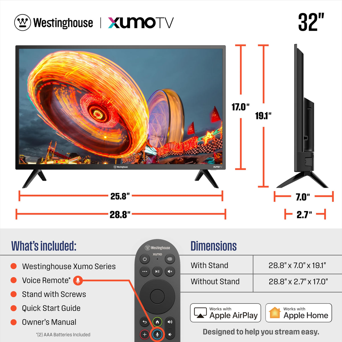 Westinghouse 24-inch Smart TV, HD Xumo TV with Full Function Voice Remote, Flat Screen Television w/Dolby Atmos, Bluetooth, Apple AirPlay, Wi-Fi & Mobile Connectivity