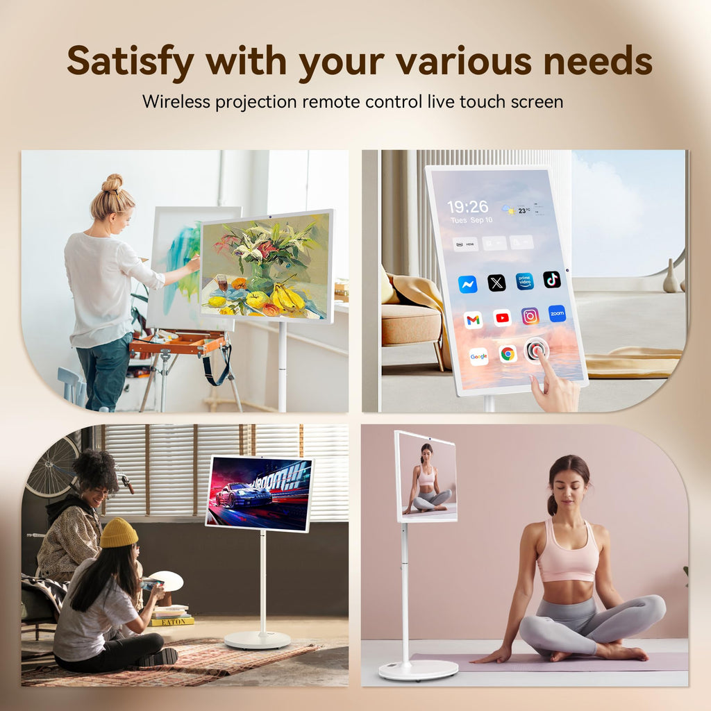Bisprico 32" Portable Smart TV on Wheels, Qualcomm CPU, EDLA-Certified, Built-in 22000mAh Battery, 16+128GB, Android 14 OS Rolling Tablet TV, Full Swivel Rotation, Remote Control, 13MP Webcam