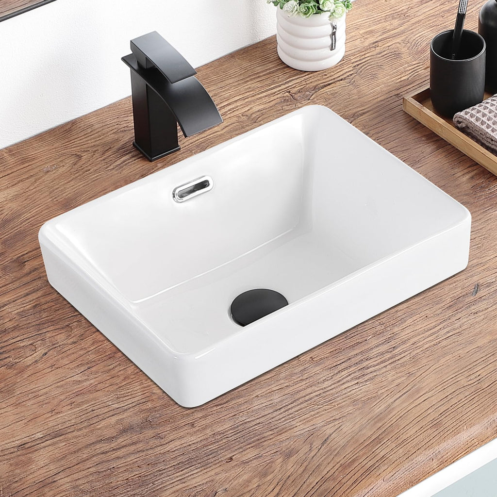 Bathroom Vessel Sink 16.7" X 12.6" Semi Recessed Bathroom Sink Rectangular Drop In Bathroom Sinks with Overflow White Ceramic Vessel Sinks for Bathroom Modern Above Counter Basin Vanity Sink