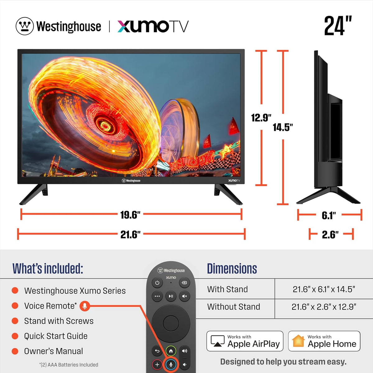 Westinghouse 24-inch Smart TV, HD Xumo TV with Full Function Voice Remote, Flat Screen Television w/Dolby Atmos, Bluetooth, Apple AirPlay, Wi-Fi & Mobile Connectivity