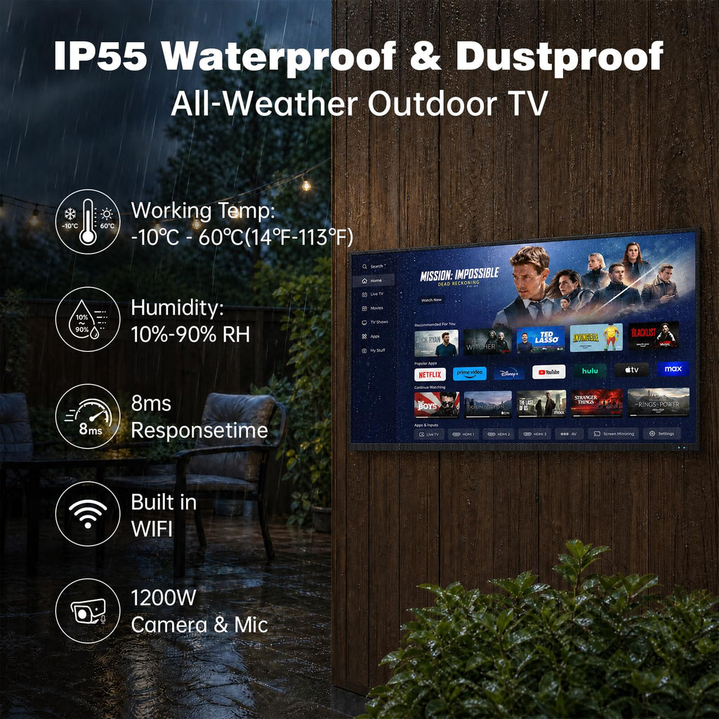 55 Inch Outdoor TV, 2000 Nits 4K UHD IP55 Weatherproof Smart Full Sun TV with webOS 25, Anti-Glare Screen, Surround Audio for Patio, Deck, Backyard and Poolside