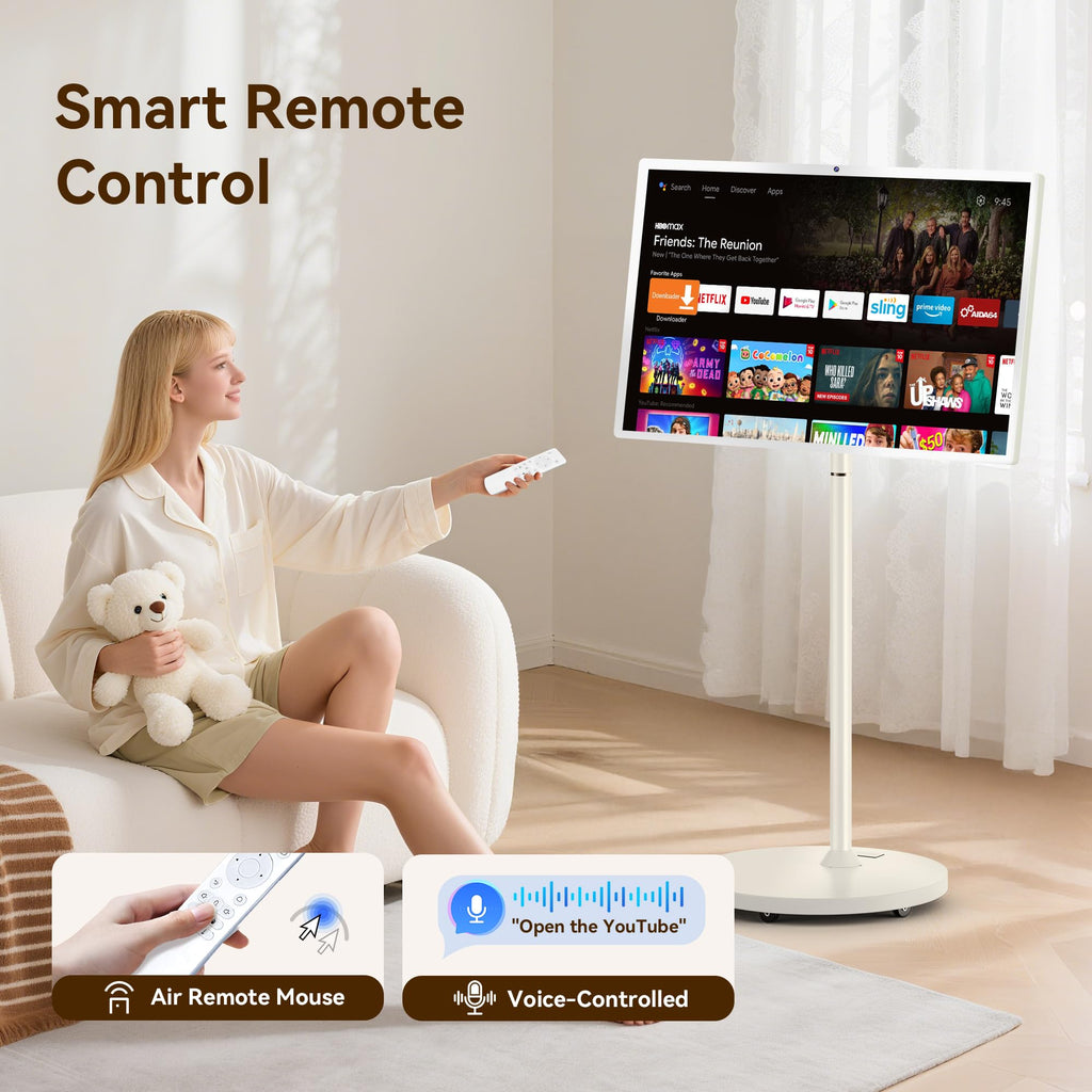 Bisprico 32" Portable Smart TV on Wheels, Qualcomm CPU, EDLA-Certified, Built-in 22000mAh Battery, 16+128GB, Android 14 OS Rolling Tablet TV, Full Swivel Rotation, Remote Control, 13MP Webcam