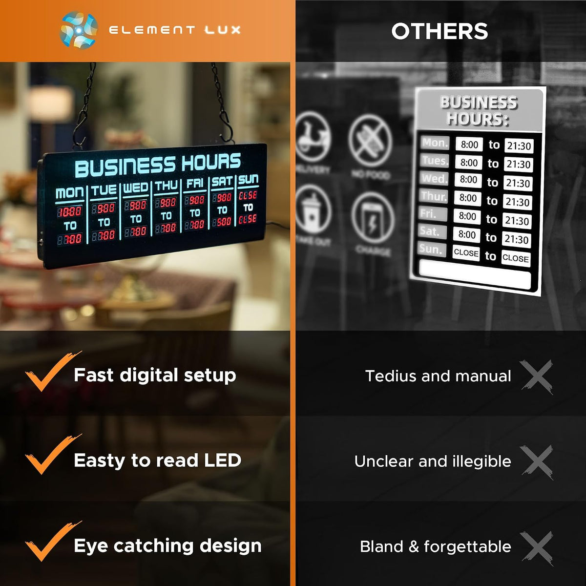 Digital Business Hours Sign by ELEMENT LUX - Electronic Programmable Hours of Operation Signs for Business with Ultra Bright LEDs for Glass Door - Remote and Hanging Kit - 16in x 5.5in, Blue