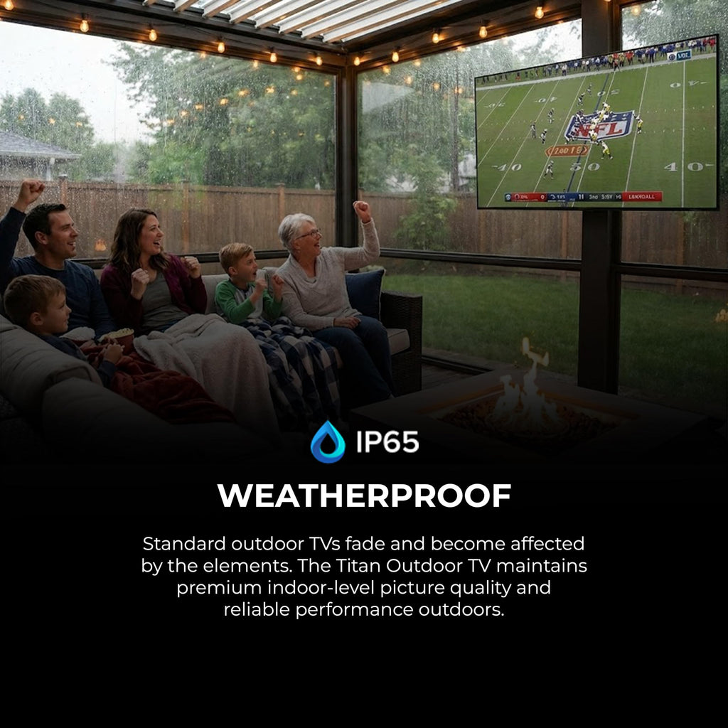 Titan G100 Mini 85 Inch Covered Patio Outdoor TV â 4K UHD QLED IP65 - Google OS, Dolby Vision & Atmos, Onkyo Speakers - Thin Bezel - Weather Resistant - 2-Year Warranty & USA Assembled