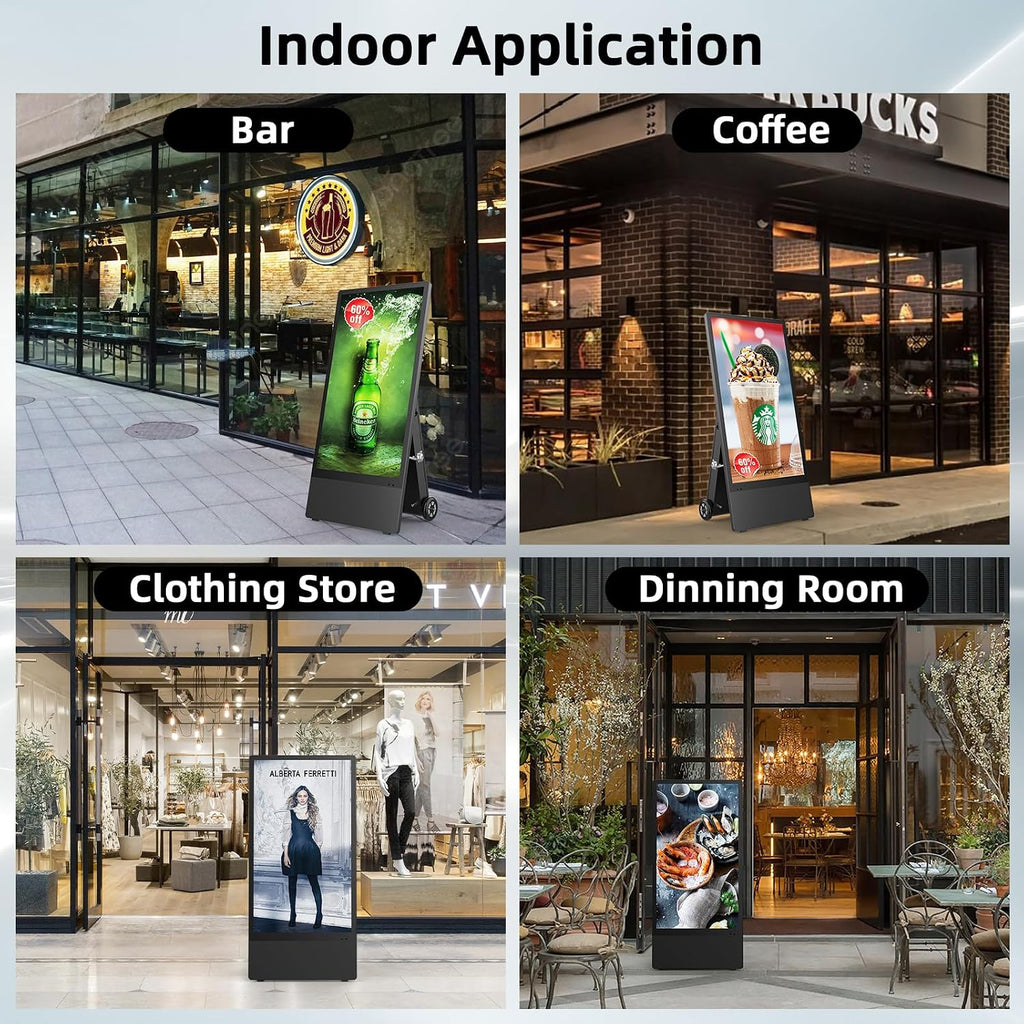 43 Inch Outdoor Digital Signage A-Frame Displays, Rechargeable Digital LCD Kiosks, Moveable Commercial Totem, IP65 Waterproof, Auto Adjustment 2000nits High Brightness Screen, High Capacity Battery for Restaurant/Bar/Food Truck/Store