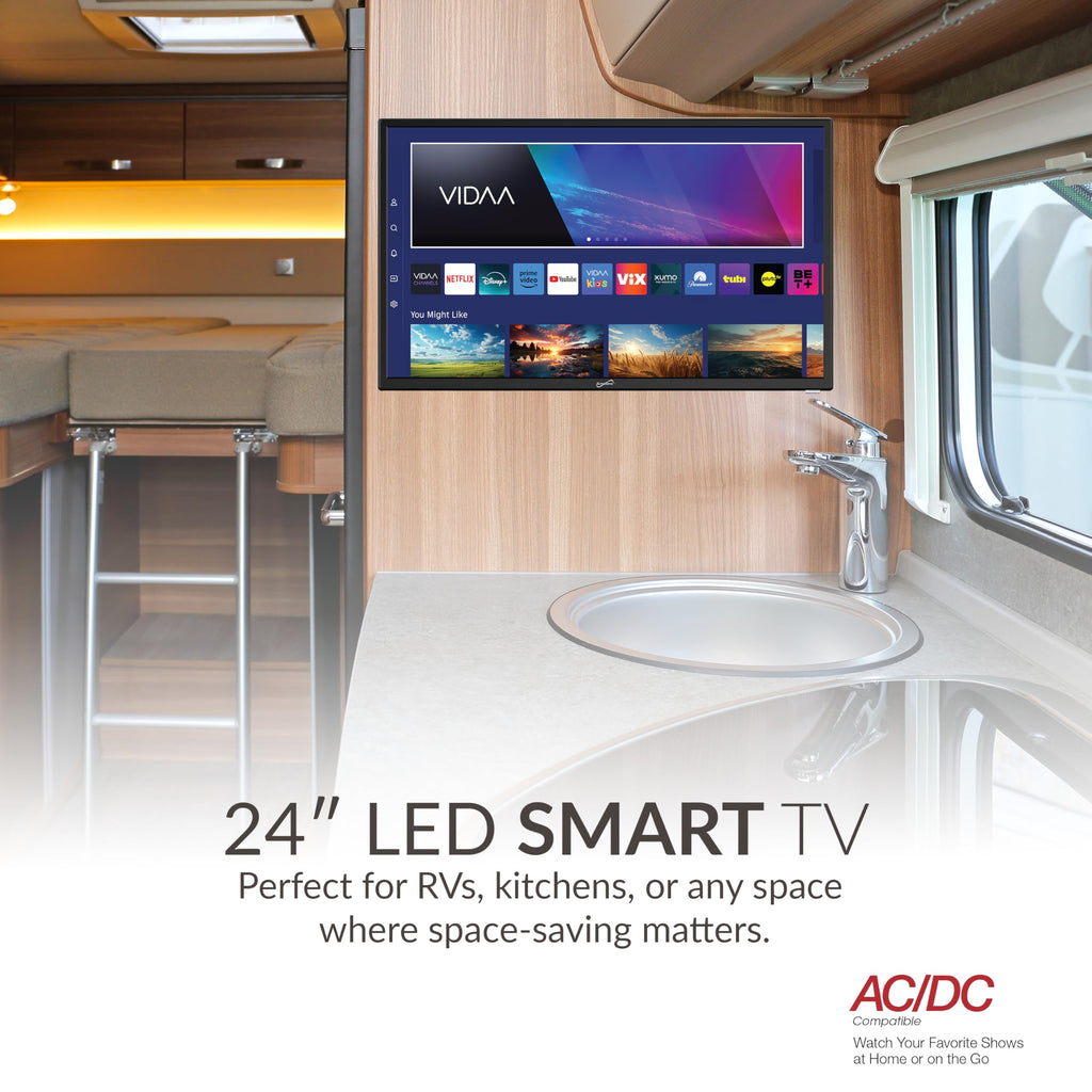 Supersonic SC-1920VTV 18.5inch Smart AC/DC LED TV, Powered by VIDAA, 1080p, WiFi, Built-in Speakers, USB, 3X HDMI ARC, for Kitchen, RV, Boat, Truck, Playroom, Dorm Room, Remote, DC Car Cord Included