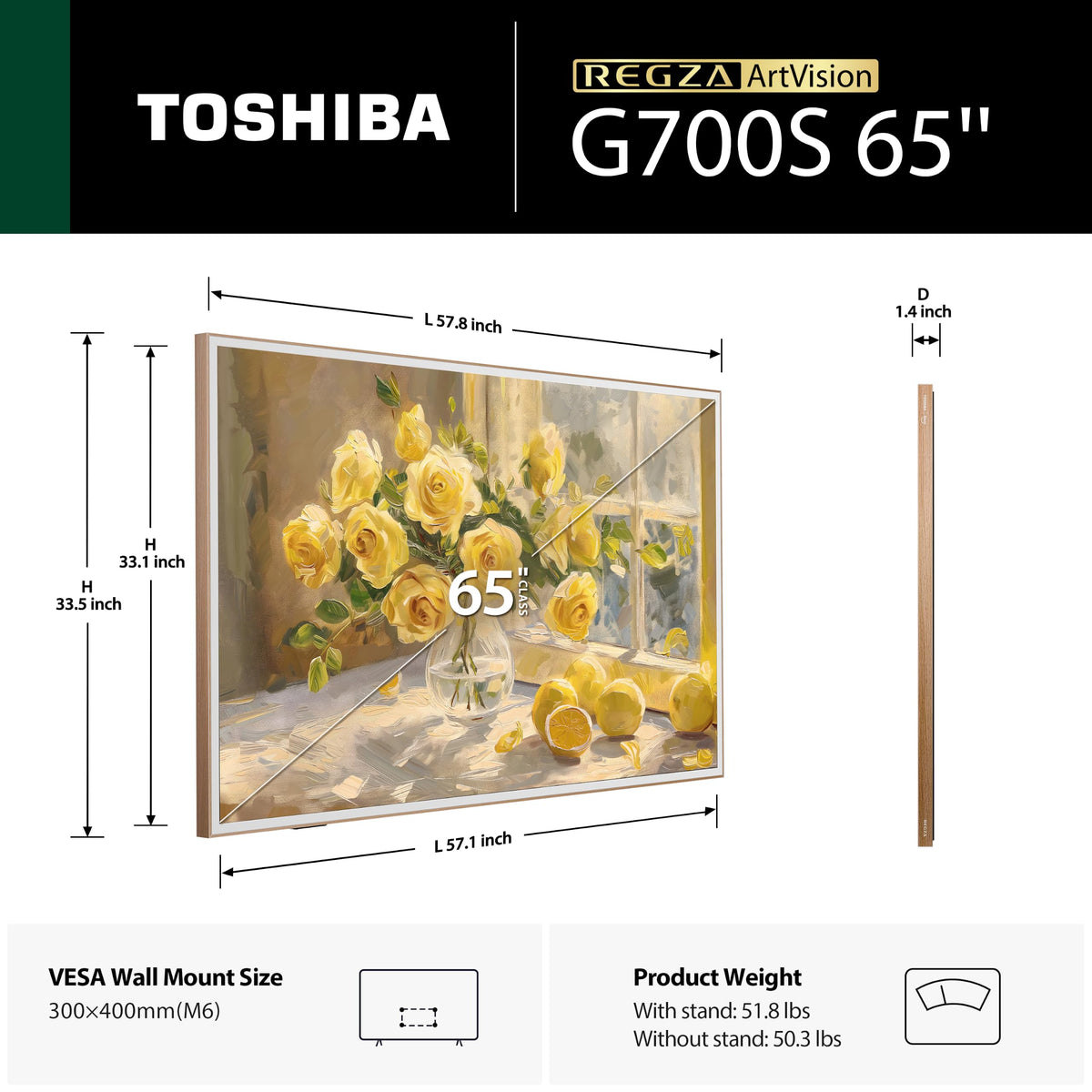Toshiba 55" G700 Series ArtVision 4K UHD Smart Fire TV (55G700SU, 2026 New) - QLED, Native 165Hz, Art Gallery Mode, Anti-Glare Screen, REGZA Engine ZRi, DTS Virtual:X, Included Art Frame
