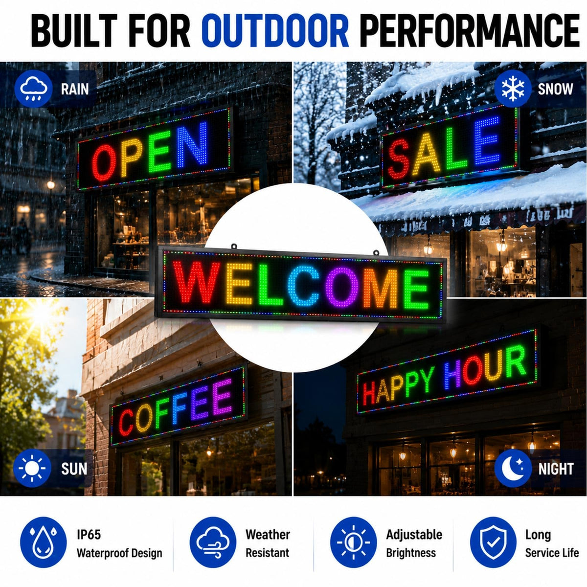 P10 Outdoor Led Sign Programmable Scrolling Digital Display Screen Message Board Bar Custom WiFi Control Store Advertising Open Sign for Businesses Electronic Full Color Word Light (115"x14")
