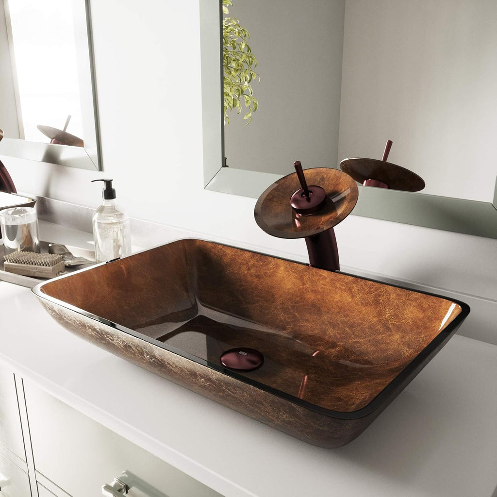 Vigo Vessel Sink Brown - 23â Artistic Rectangular Bathroom Vessel Sink, Tempered Glass Above Counter Sink with NonStickShield & QuickDrain, Modern Luxury Design