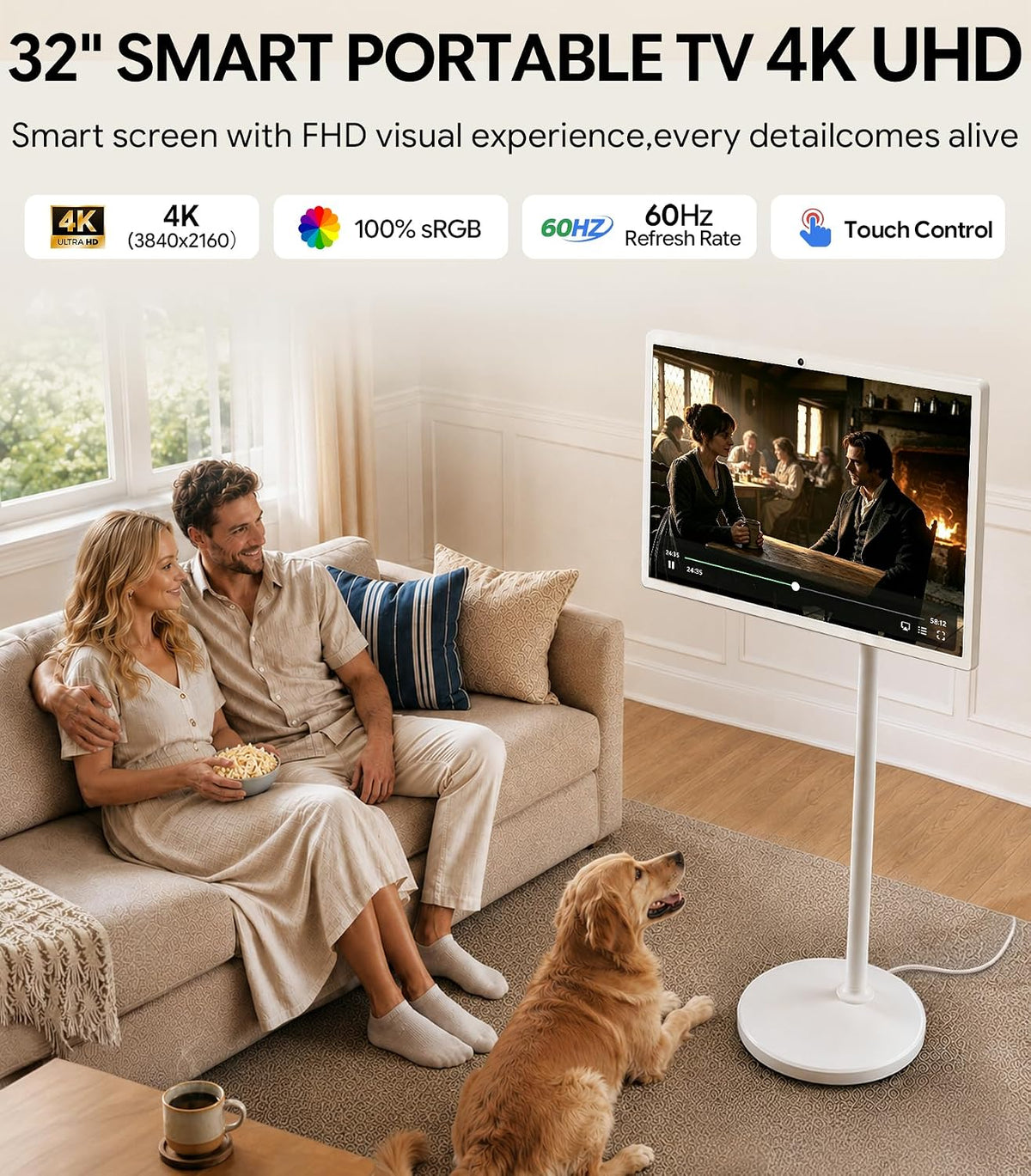 GFF Portable Smart TV 4K, 32 inch Rolling on Wheels, 20000mAh Battery 256GB