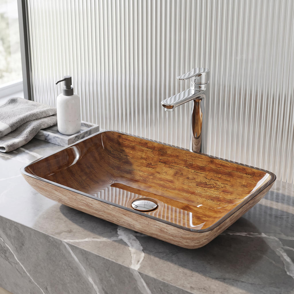 Vigo Vessel Sink Brown - 23â Artistic Rectangular Bathroom Vessel Sink, Tempered Glass Above Counter Sink with NonStickShield & QuickDrain, Modern Luxury Design