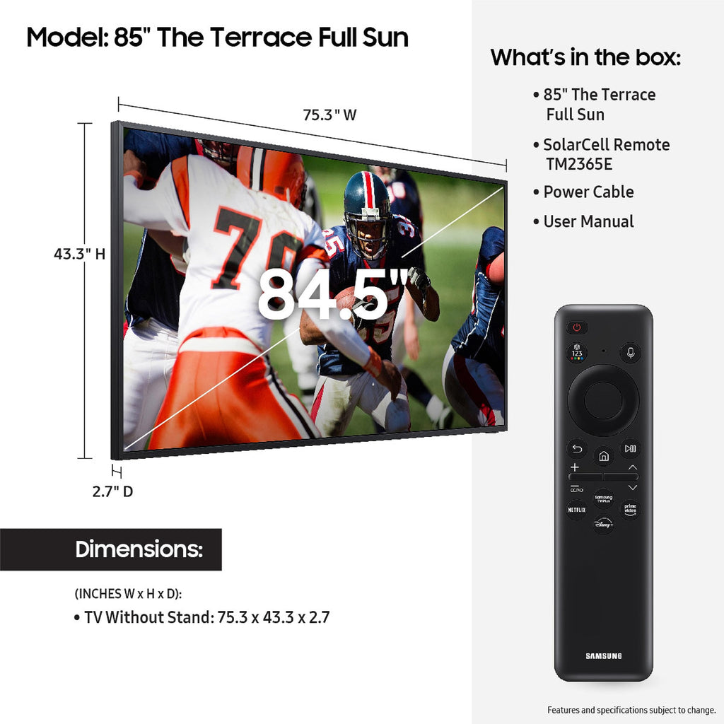 SAMSUNG 75-Inch Class QLED 4K The Terrace Full Sun Outdoor, Direct Full Array 16x, Weather Resistant, Wide Viewing Angle, Anti-Glare Smart TV w/ Alexa Built-In (QN75LST9TAFXZA, Latest Model)