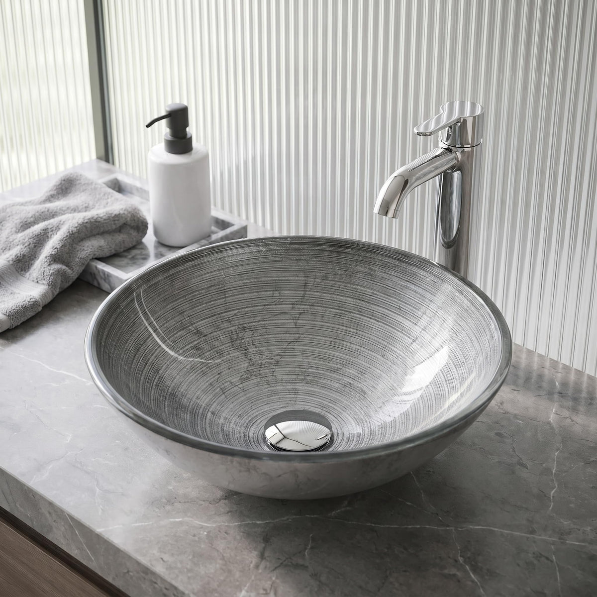 Vigo Vessel Sink Copper - 17â Artistic Round Bowl Sink for Bathrooms, Tempered Glass Above Counter Bathroom Sink with NonStickShield, QuickDrain & TempGuard, Modern Luxury Design