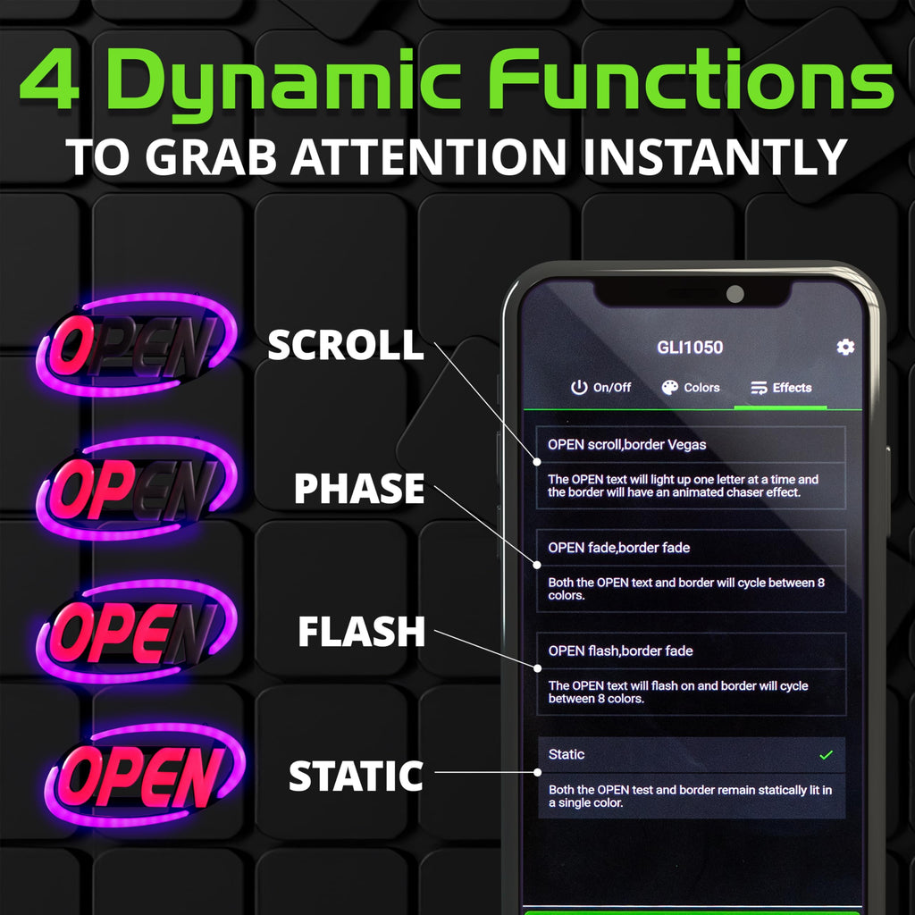 LED Open Sign for Business with Programmable Business Hours â Green Light Innovations Bluetooth App, 4,000+ Color Combos, Flash/Scroll/Neon Modes, 100,000-Hr LEDs, 3-Year Warranty, 15Ã16.5 in