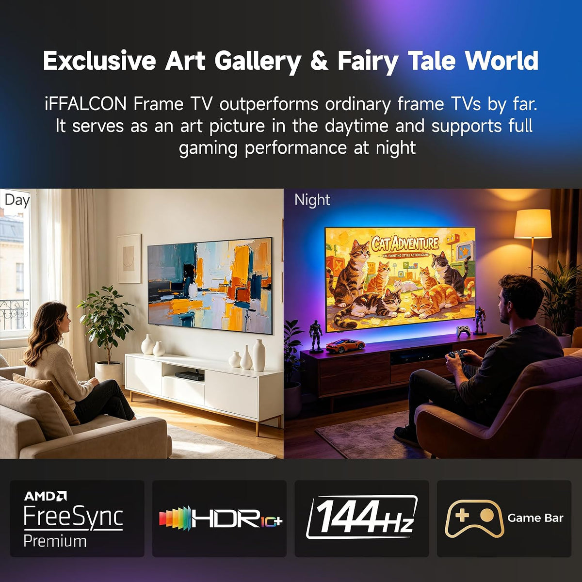 iFFALCON 65-Inch Class QLED 4K F75 Smart TV, Ultra-Slim 1.1'' Floating Picture Frame TV, Seamless Wall-Mount Installation | Dolby Vision IQ, 144Hz, Google TV, Alexa | Works w/Legacy Devices