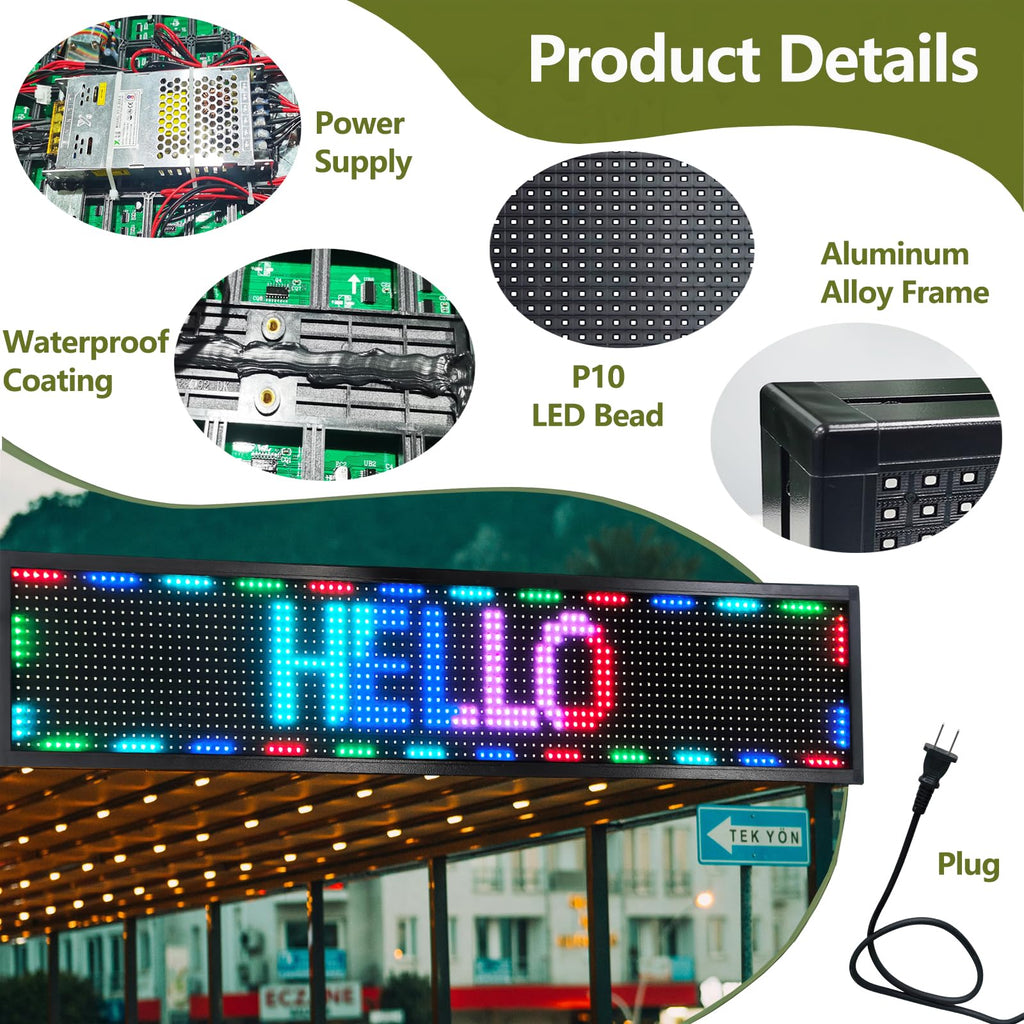 P3 Programmable LED Sign 40"x17" Full Color Outdoor Digital Message Board WiFi Control, IP65 Waterproof, 5000cd Brightness, Scrolling Text/Image/Video Display for Business Store Restaurant Advertising