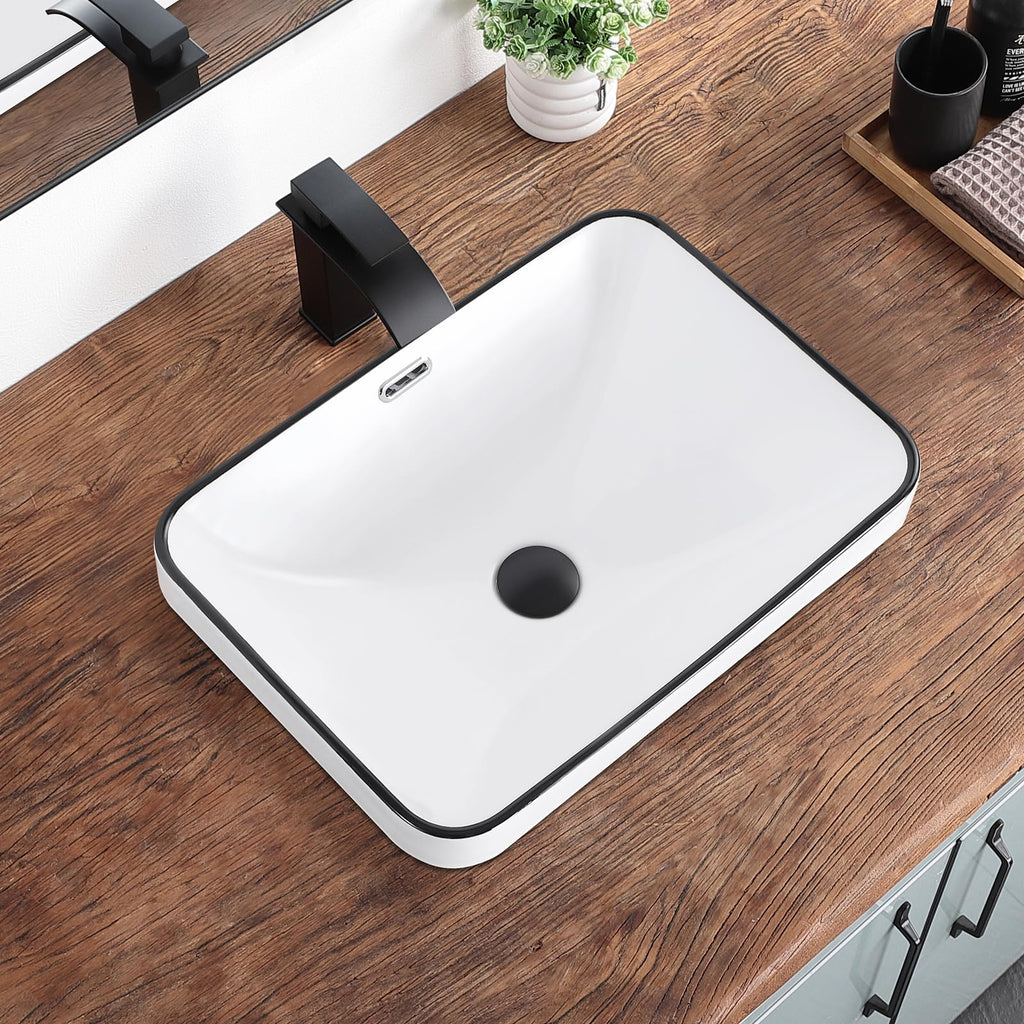 Bathroom Vessel Sink 16.7" X 12.6" Semi Recessed Bathroom Sink Rectangular Drop In Bathroom Sinks with Overflow White Ceramic Vessel Sinks for Bathroom Modern Above Counter Basin Vanity Sink
