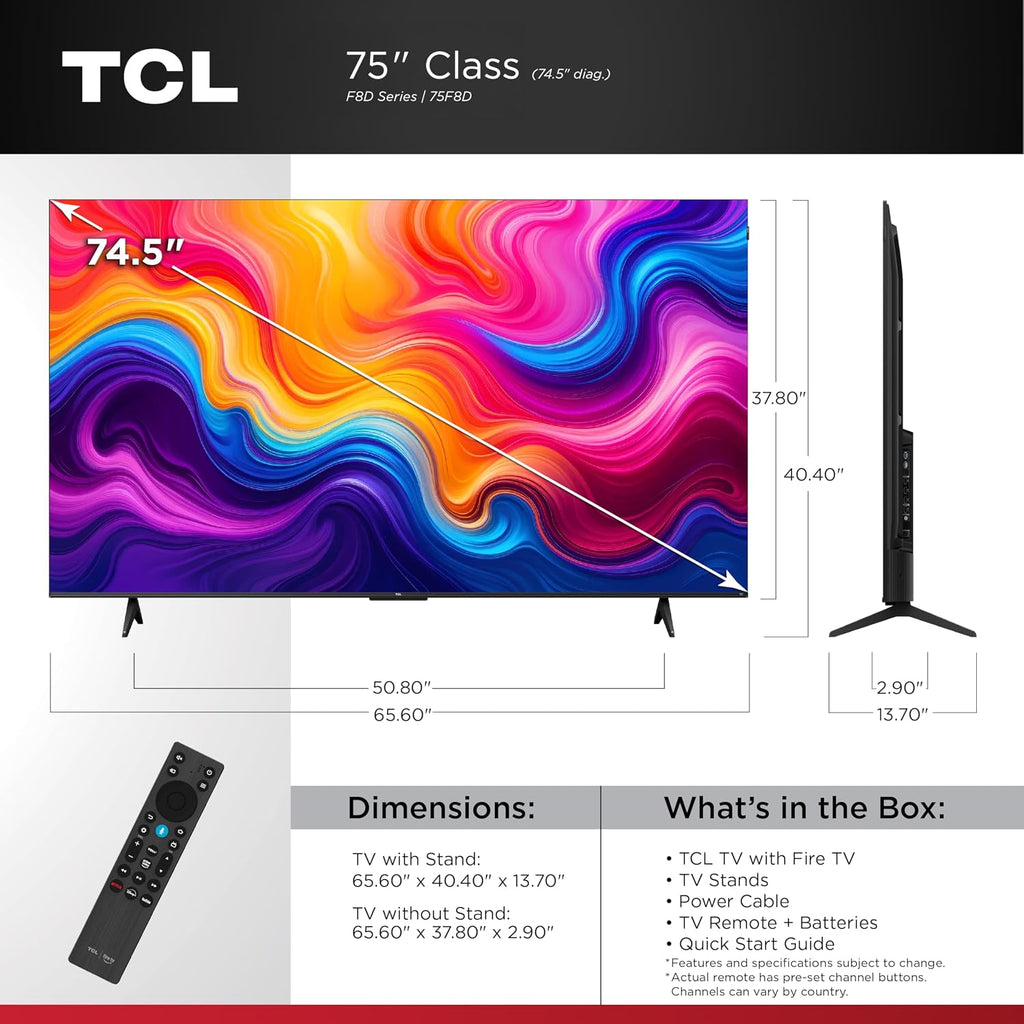 TCL 75-Inch F8D Series 4K QLED Smart TV (75F8D, 2026 Model) with Dolby Vision HDR and Dolby Atmos, Game Accelerator 288 and VRR for Sports and Gaming | Fire TV, Alexa+, 120Hz Refresh, LED Backlighting
