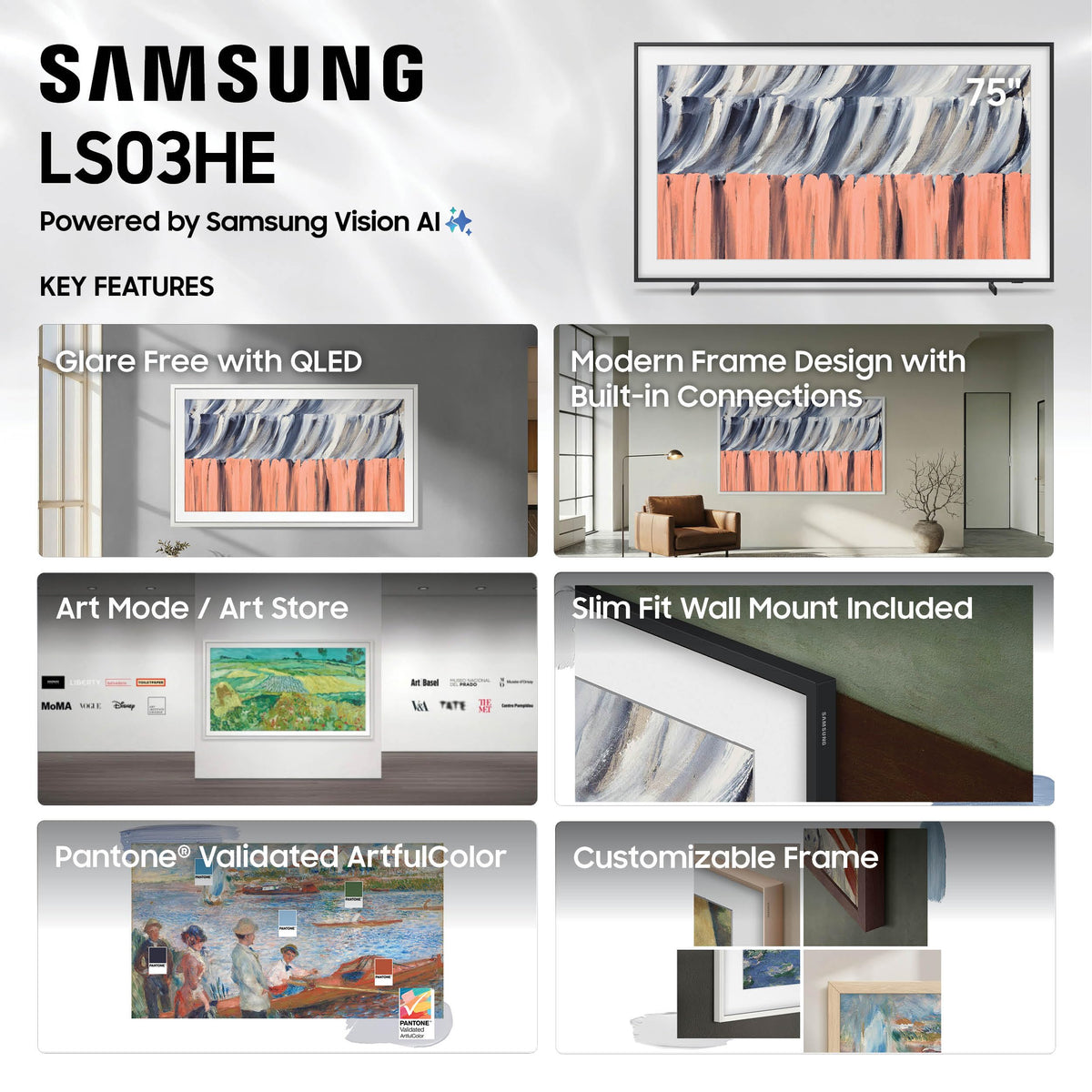 Samsung 55-Inch Class The Frame LS03HE Series Samsung Vision AI Smart TV (2026 Model, 55LS03HE) Glare Free with QLED, Art Mode Store, Slim Fit Wall Mount Included, Alexa Built-in