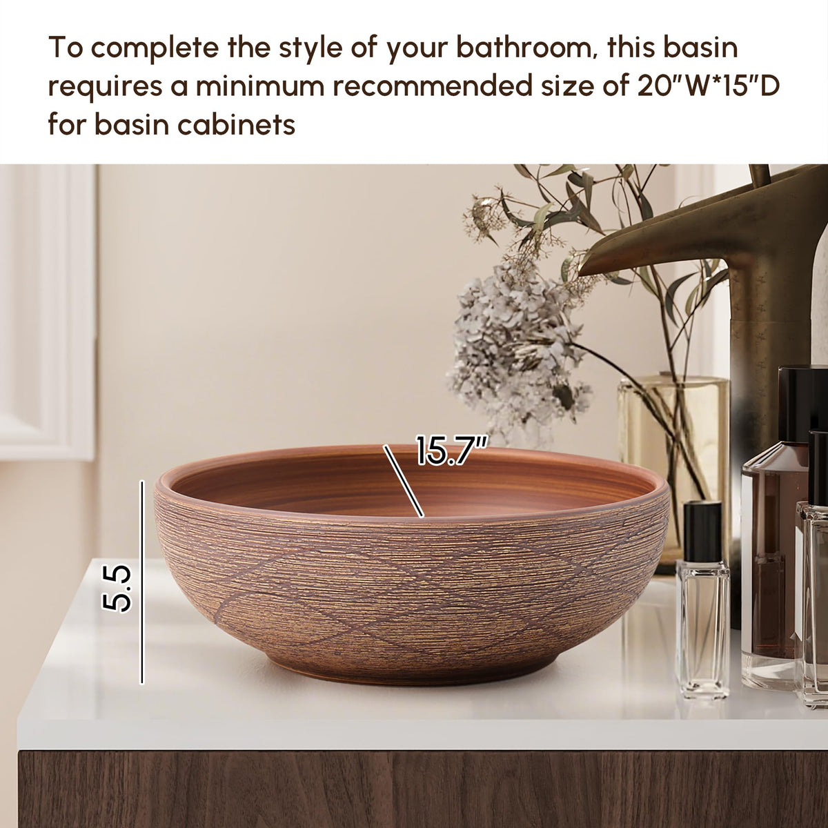 Homary Bathroom Vessel Sink, 23.23" Oval Bowl Sink Retro Ceramic Washbasin Above Counter for Bathroom,Without Pop-up Drain, Retro Brown