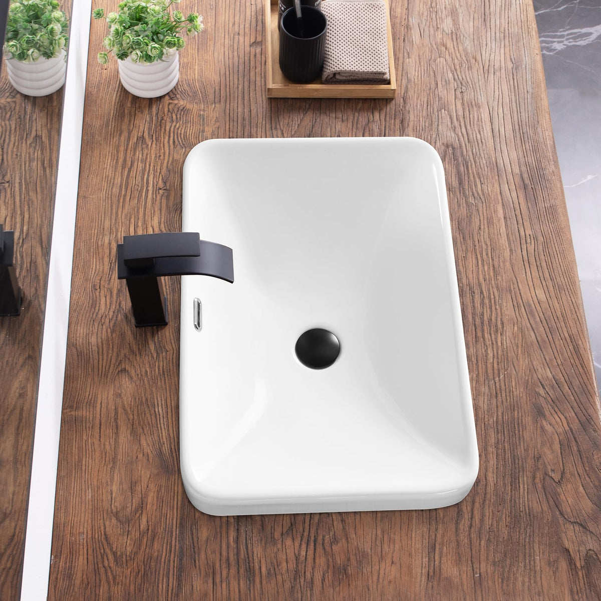 Bathroom Vessel Sink 16.7" X 12.6" Semi Recessed Bathroom Sink Rectangular Drop In Bathroom Sinks with Overflow White Ceramic Vessel Sinks for Bathroom Modern Above Counter Basin Vanity Sink