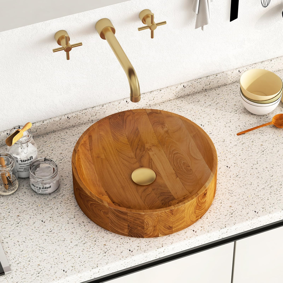 Giantex Teak Wood Vessel Sink - Bathroom Washbasin with Smooth Finish, Round Corner, 2.5â Drain Hole for 1 5/8" Drainage, Above Counter Vanity Sinks, No Assembly Art Basin (16â x 16â x 4â Bowl-shaped)