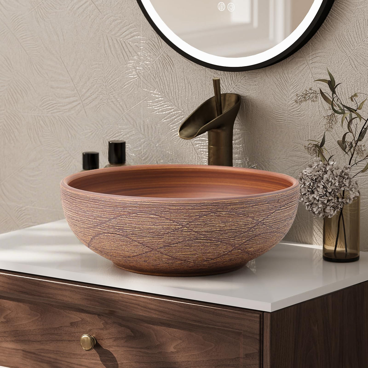 Homary Bathroom Vessel Sink, 23.23" Oval Bowl Sink Retro Ceramic Washbasin Above Counter for Bathroom,Without Pop-up Drain, Retro Brown