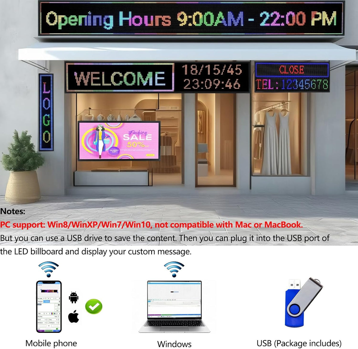 P10 LED Programmable Advertising Sign, High Brightnes Outdoor Digital Sign Waterproof, WiFi Control LED Open Signs for Business, Electronic Message Display Board 115"X14"