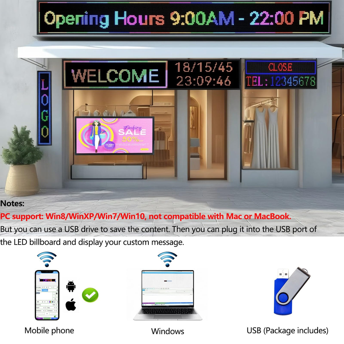 P10 LED Programmable Advertising Sign, High Brightnes Outdoor Digital Sign Waterproof, WiFi Control LED Open Signs for Business, Electronic Message Display Board 115"X14"