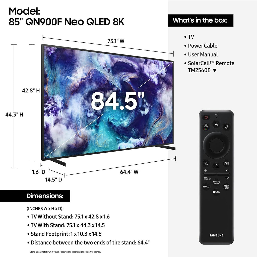 Samsung (Refurbished 85-Inch Class Neo QLED 8K QN900F Series, Vision AI Mini LED Smart TV (2025 Model, 85QN900F) Neo Quantum HDR 8K Pro, Object Tracking Sound + w/Dolby Atmos, Glare Free (Renewed)