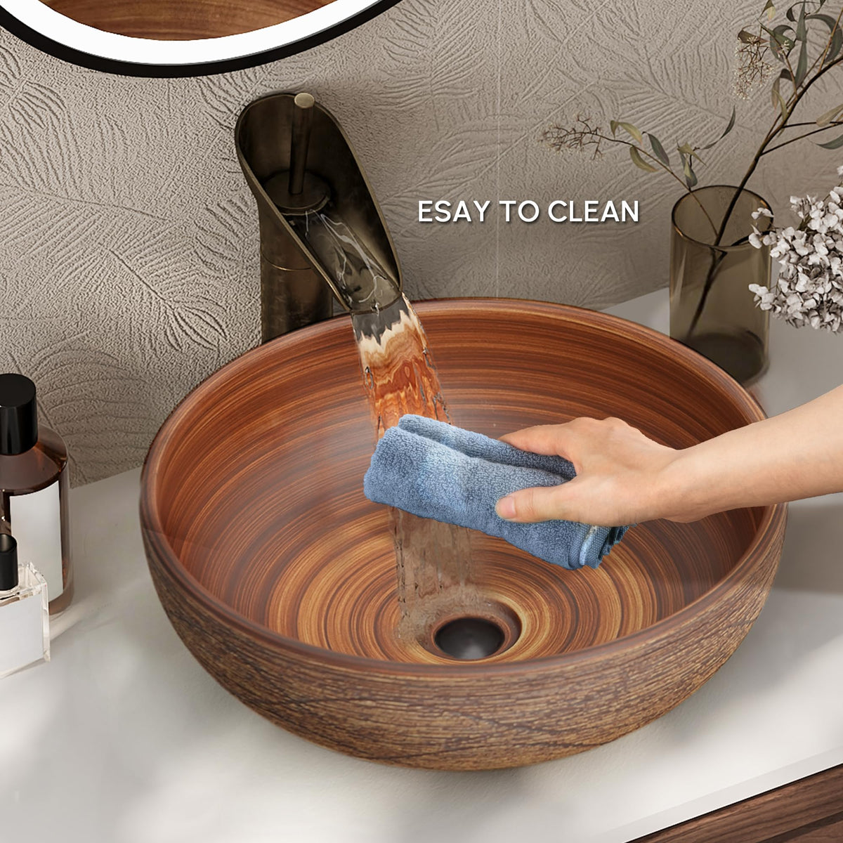 Homary Bathroom Vessel Sink, 23.23" Oval Bowl Sink Retro Ceramic Washbasin Above Counter for Bathroom,Without Pop-up Drain, Retro Brown