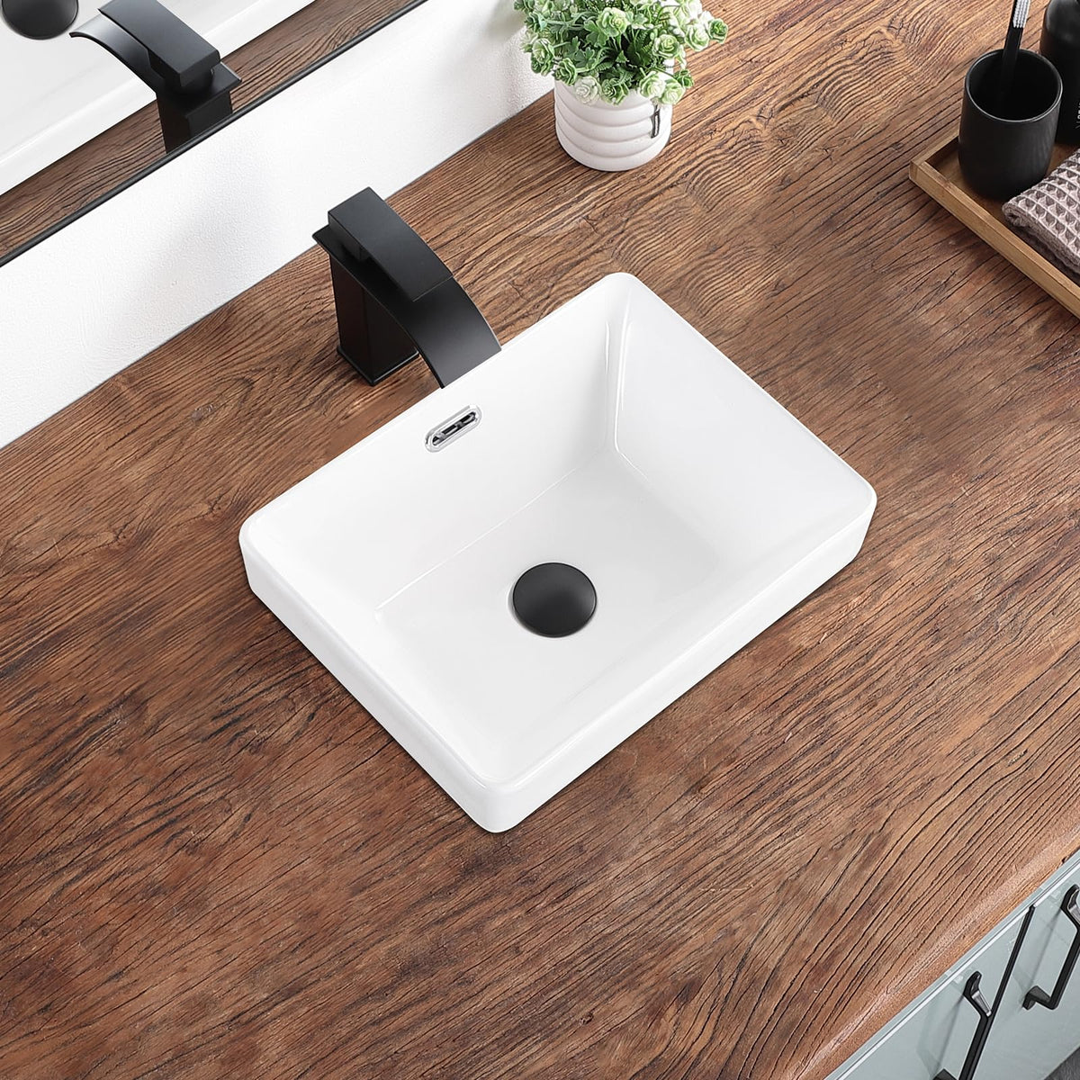 Bathroom Vessel Sink 16.7" X 12.6" Semi Recessed Bathroom Sink Rectangular Drop In Bathroom Sinks with Overflow White Ceramic Vessel Sinks for Bathroom Modern Above Counter Basin Vanity Sink