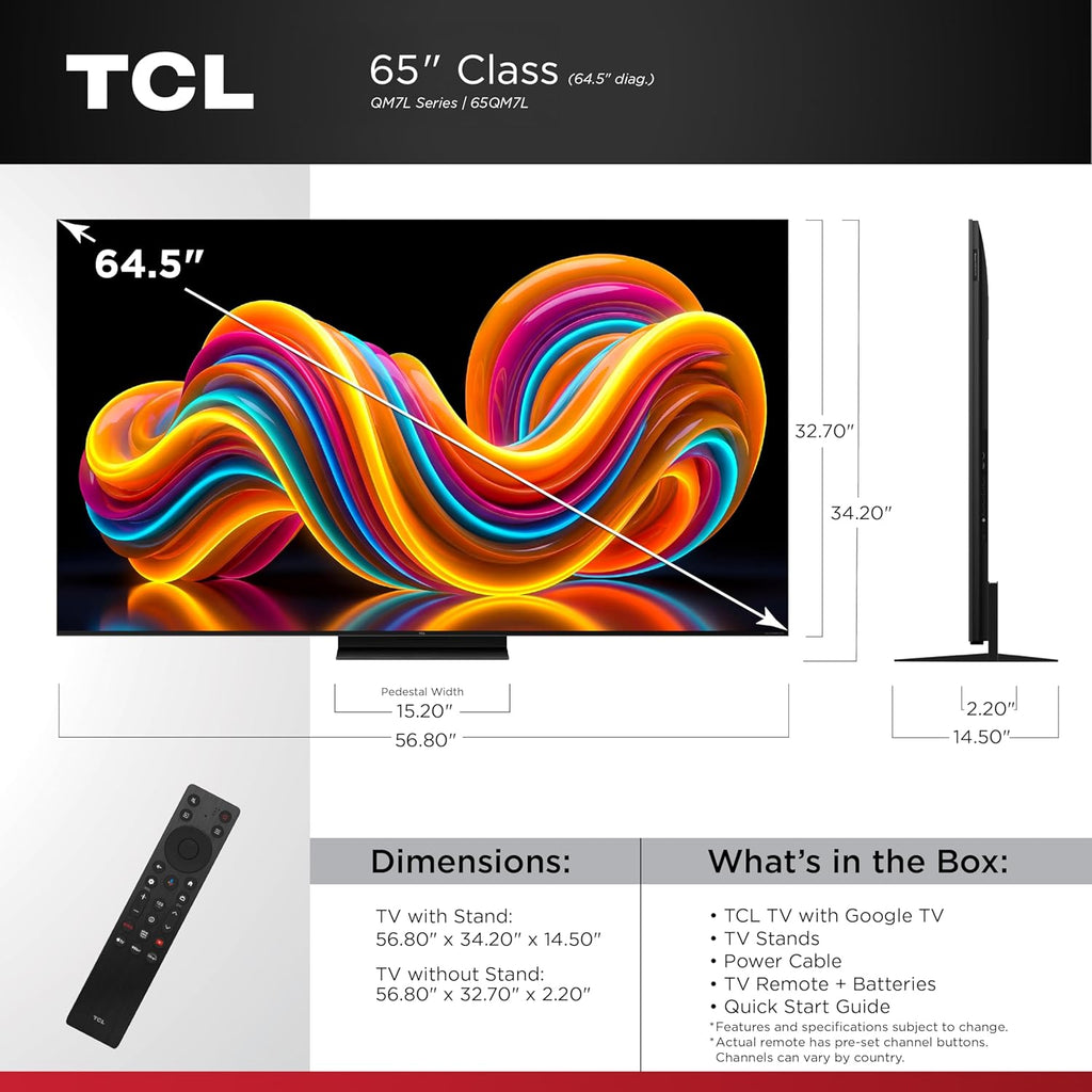 TCL 65 Inch Class QM7L Series | SQD-Mini-LED QLED Smart TV | 65QM7L, 2026 Model | 144Hz | Ultimate Color Ultra Brightness & Contrast | Google AI Bang & Olufsen | Voice Gaming Streaming Television