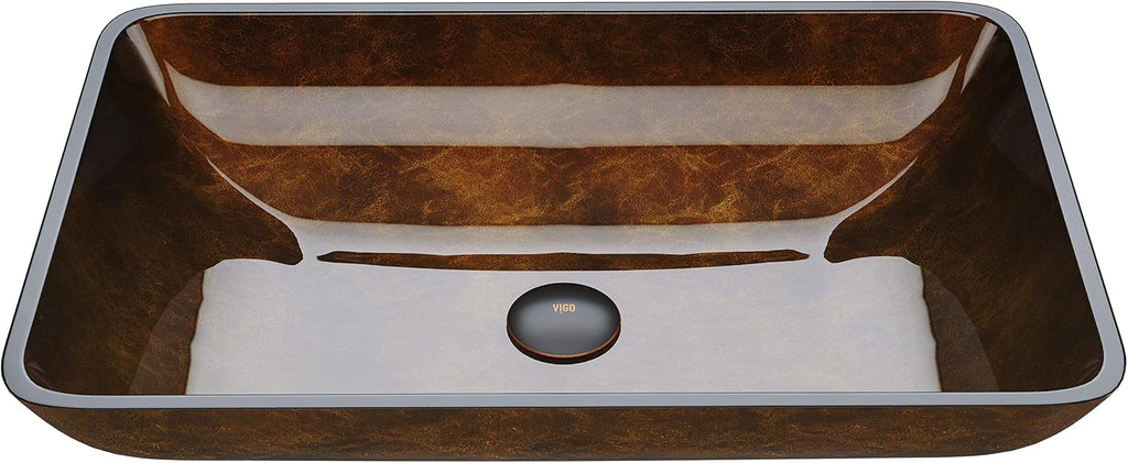 Vigo Vessel Sink Brown - 23â Artistic Rectangular Bathroom Vessel Sink, Tempered Glass Above Counter Sink with NonStickShield & QuickDrain, Modern Luxury Design
