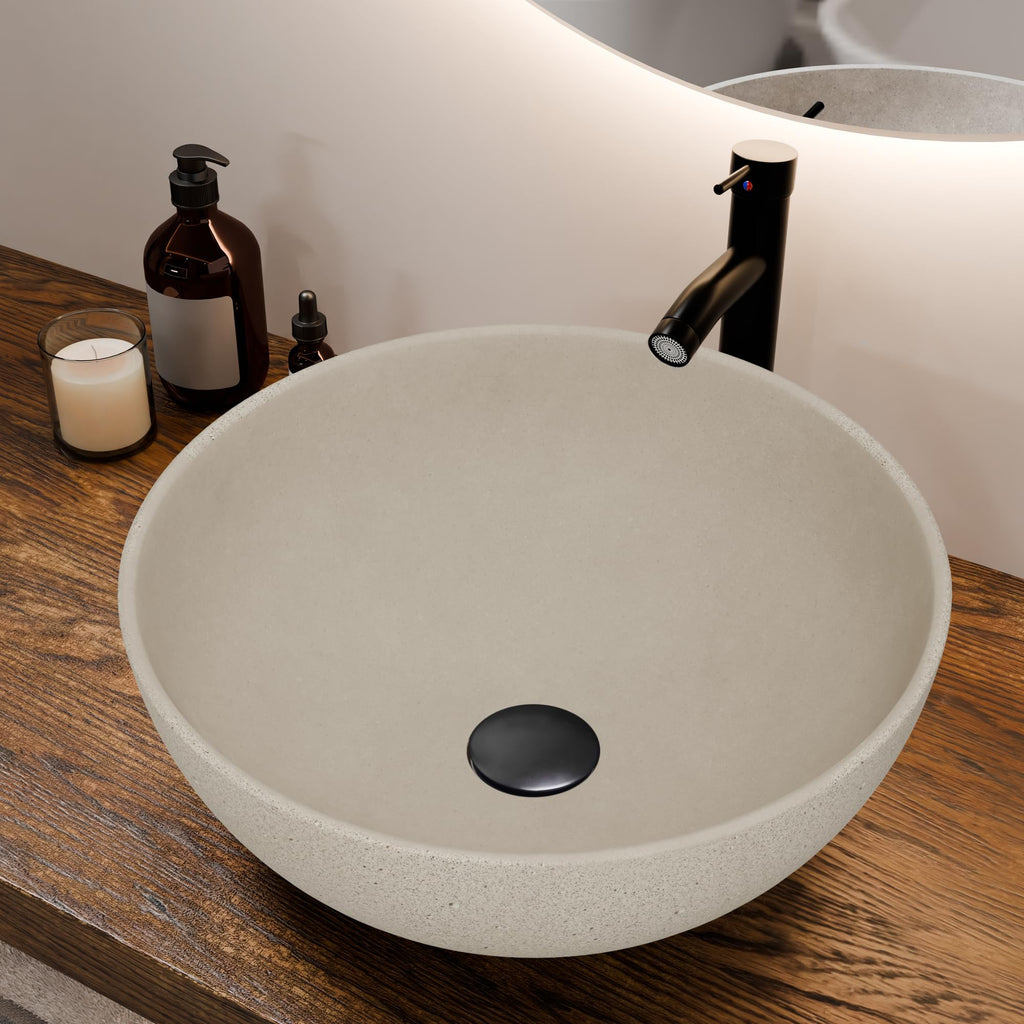 Design Vessel Sink Concrete Bathroom Sink above Counter Small Vessel Sink Bathroom Sink Bowl Countertop Modern Sinks with Faucet and Drain Combo 15.7" Round Gray