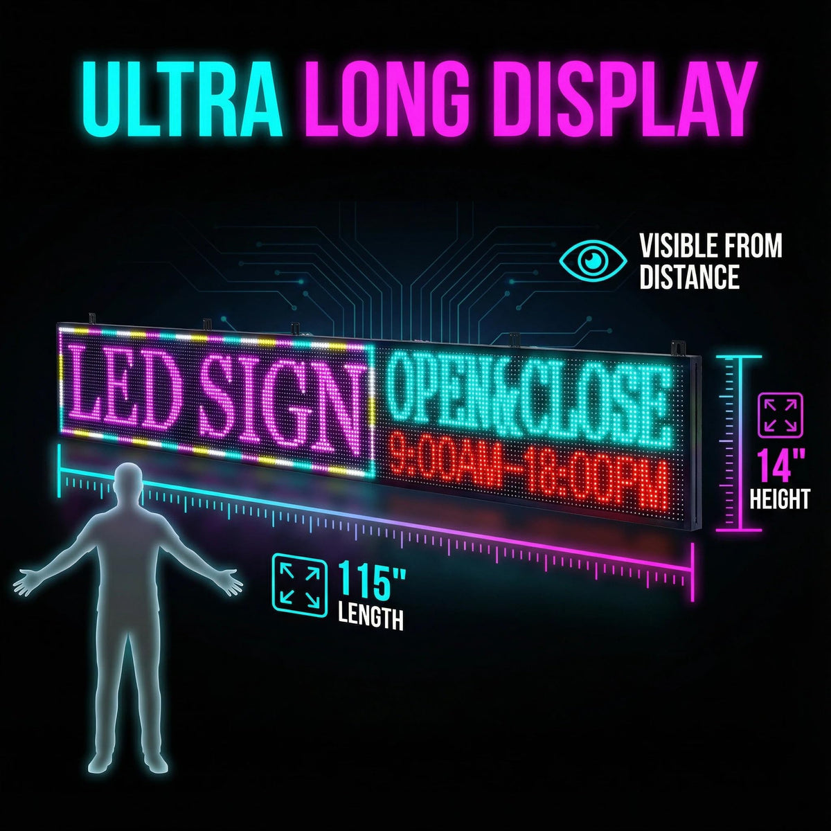 LED Advertising Sign,P5 39x14 Inches Full Color Programmable Digital Board, High Brightness Scrolling Message Display with WiFi & USB Control for Business Promotion