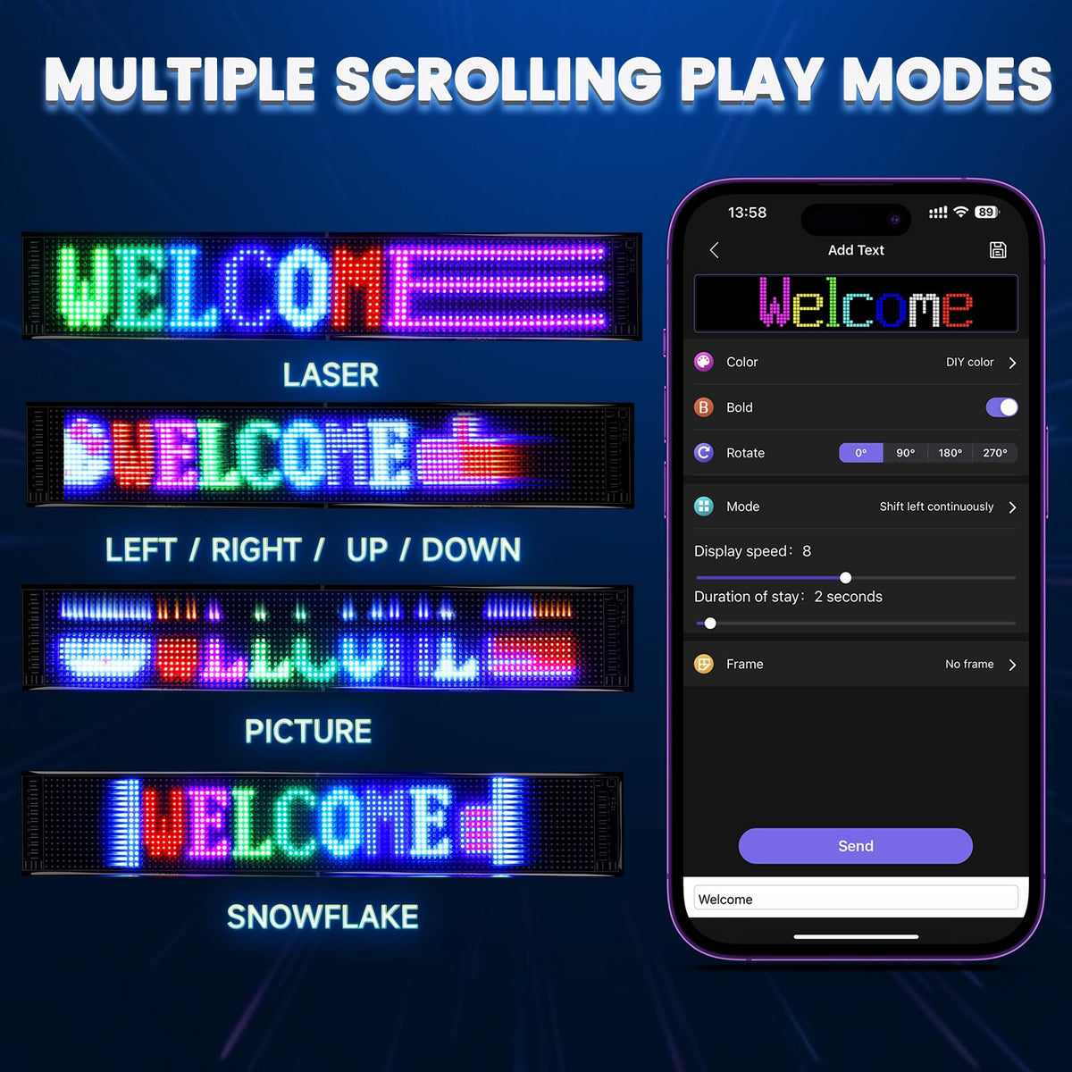 Rayhome 58''x8'' Large Multiple Programmable LED Sign, Full Color Bright Scrolling LED Signs, Bluetooth APP Control Custom Text Pattern Animation digital Display for Store Hotel Bar