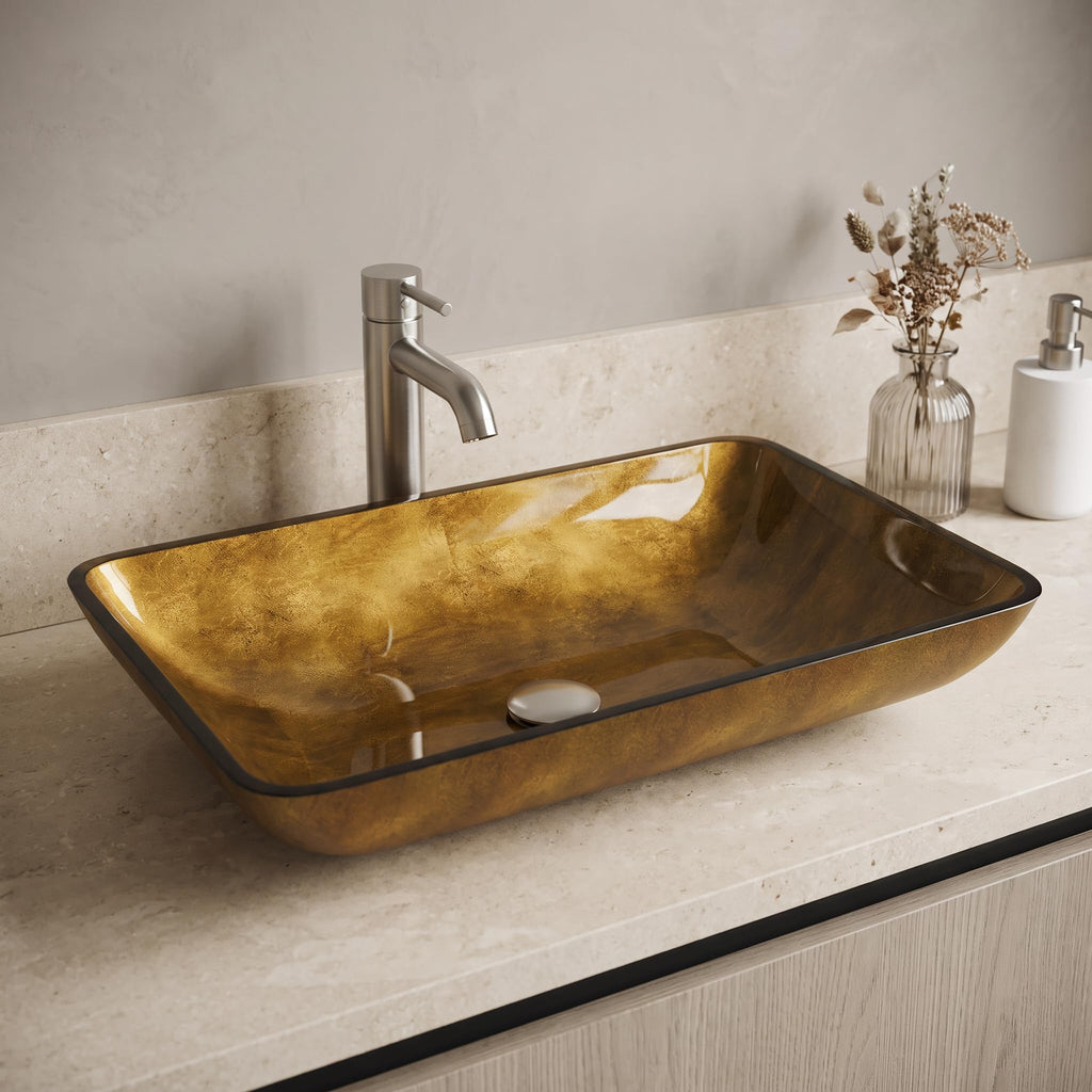 Vigo Vessel Sink Brown - 23â Artistic Rectangular Bathroom Vessel Sink, Tempered Glass Above Counter Sink with NonStickShield & QuickDrain, Modern Luxury Design