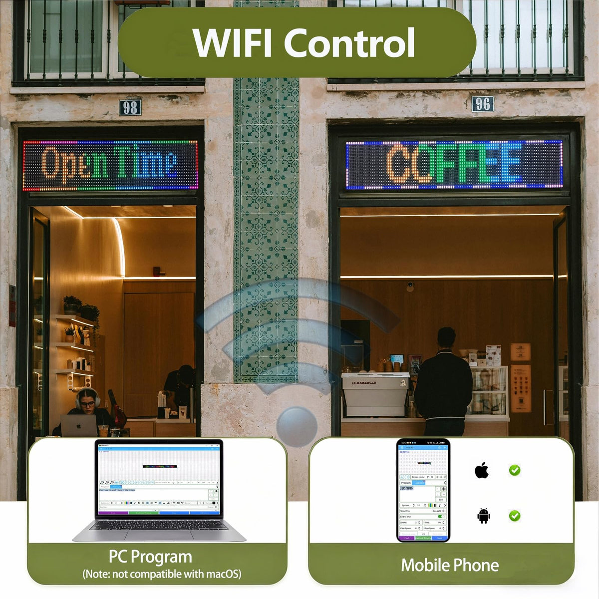 P3 Programmable LED Sign 40"x17" Full Color Outdoor Digital Message Board WiFi Control, IP65 Waterproof, 5000cd Brightness, Scrolling Text/Image/Video Display for Business Store Restaurant Advertising
