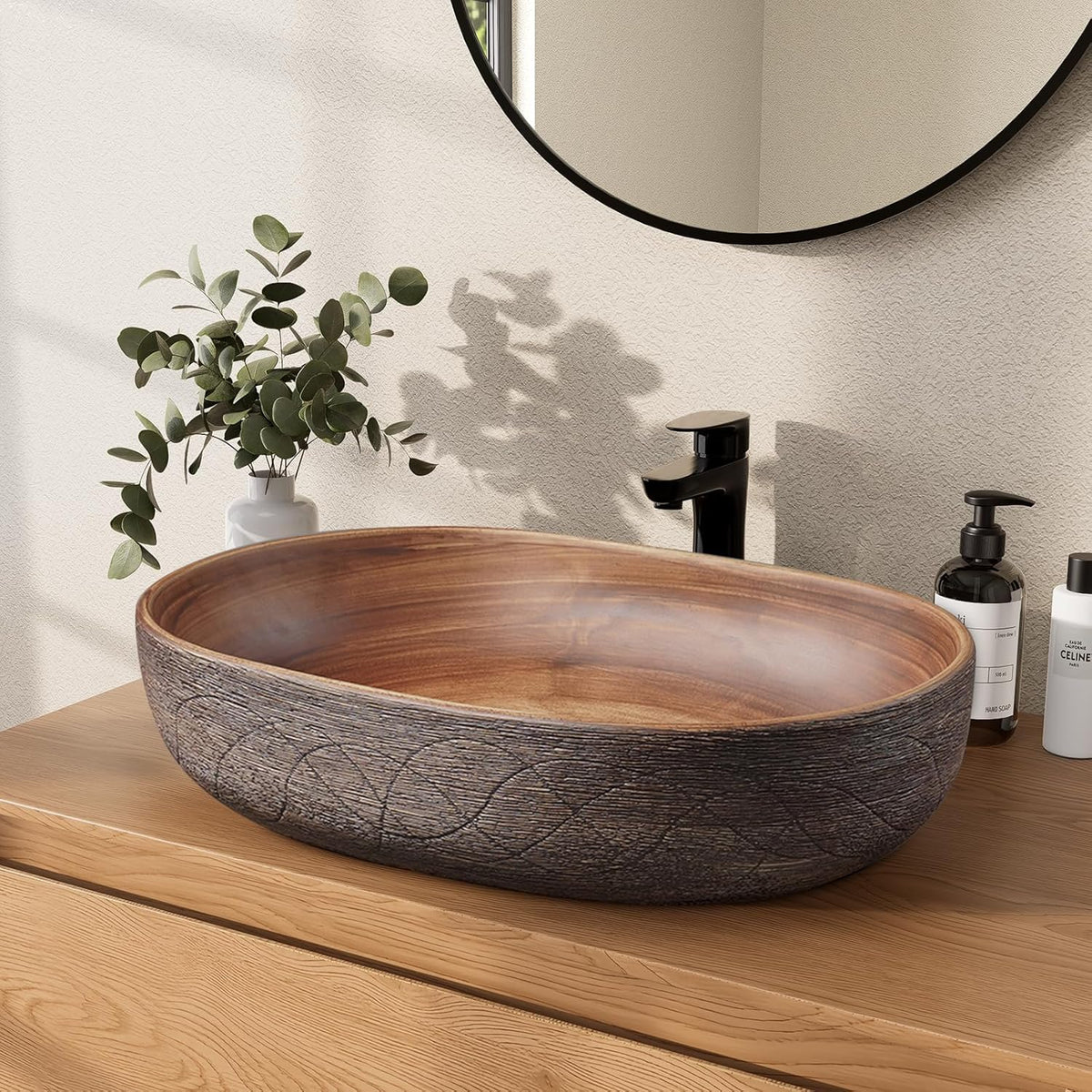 Homary Bathroom Vessel Sink, 23.23" Oval Bowl Sink Retro Ceramic Washbasin Above Counter for Bathroom,Without Pop-up Drain, Retro Brown