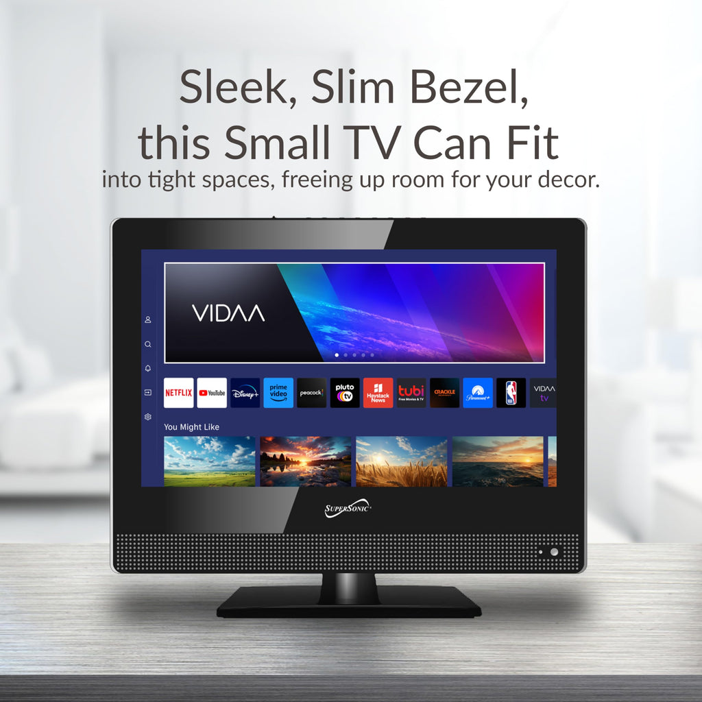 Supersonic SC-1920VTV 18.5inch Smart AC/DC LED TV, Powered by VIDAA, 1080p, WiFi, Built-in Speakers, USB, 3X HDMI ARC, for Kitchen, RV, Boat, Truck, Playroom, Dorm Room, Remote, DC Car Cord Included