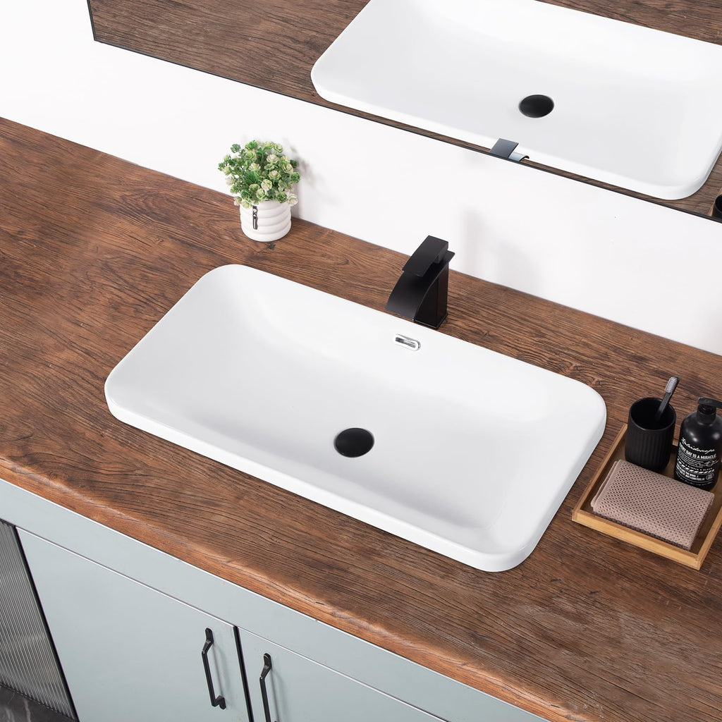 Bathroom Vessel Sink 16.7" X 12.6" Semi Recessed Bathroom Sink Rectangular Drop In Bathroom Sinks with Overflow White Ceramic Vessel Sinks for Bathroom Modern Above Counter Basin Vanity Sink