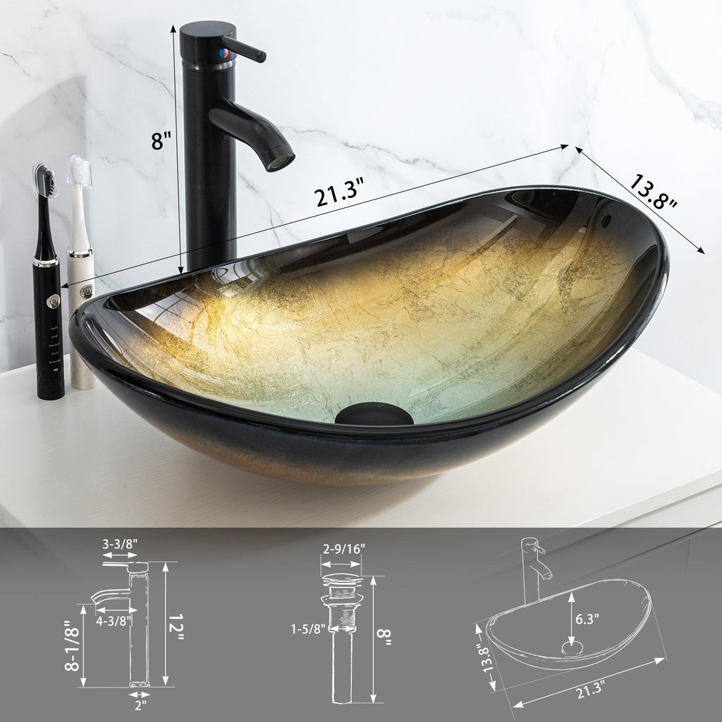 eclife 21.5" Bathroom Vessel Sink Modern Artistic Single Brown Boat Tempered Glass Basin Countertop Bowl Sink for Lavatory Vanity Cabinet, W/Water Save Faucet Pop Up Drain (A29BR)